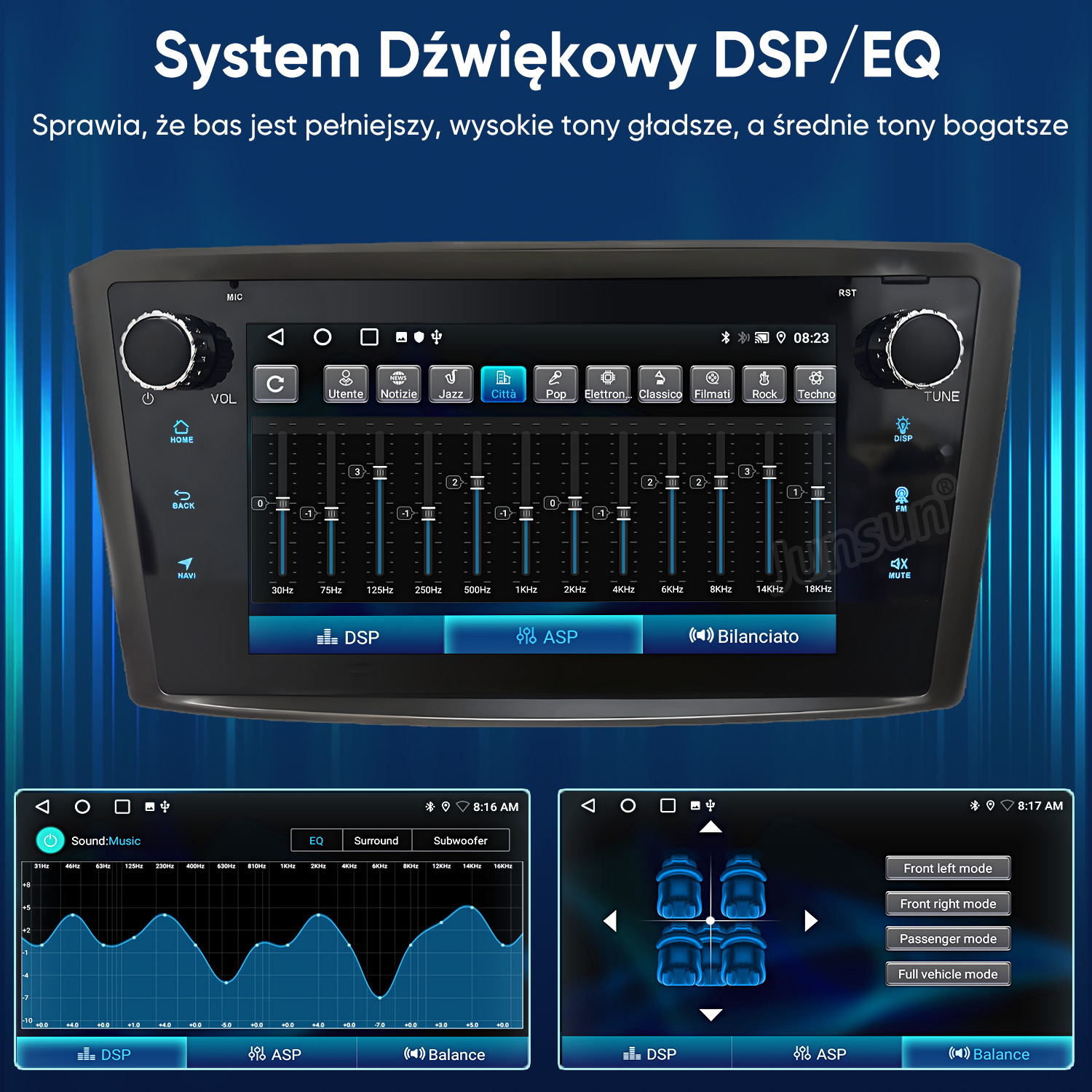 Samochodowy system audio wyświetla korektor z różnymi trybami dźwięku i suwakami.