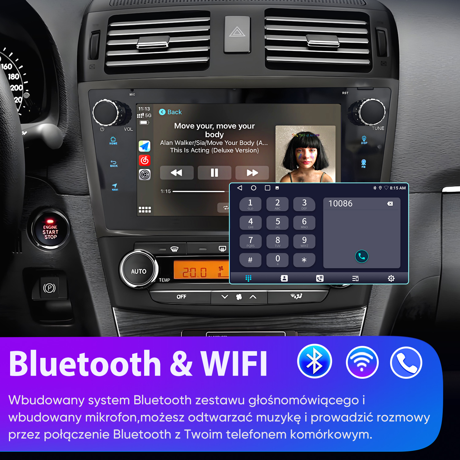 Wnętrze samochodu z systemem multimedialnym z ekranem dotykowym, odtwarzaczem muzyki i klawiaturą oraz ikonami Bluetooth i Wi-Fi.