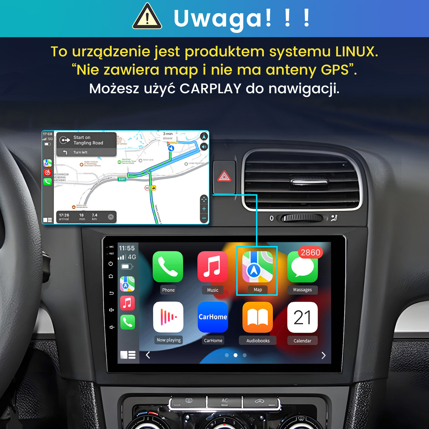Deska rozdzielcza auta z ekranem dotykowym Linux, interfejsem CarPlay, mapą i ikonami aplikacji.