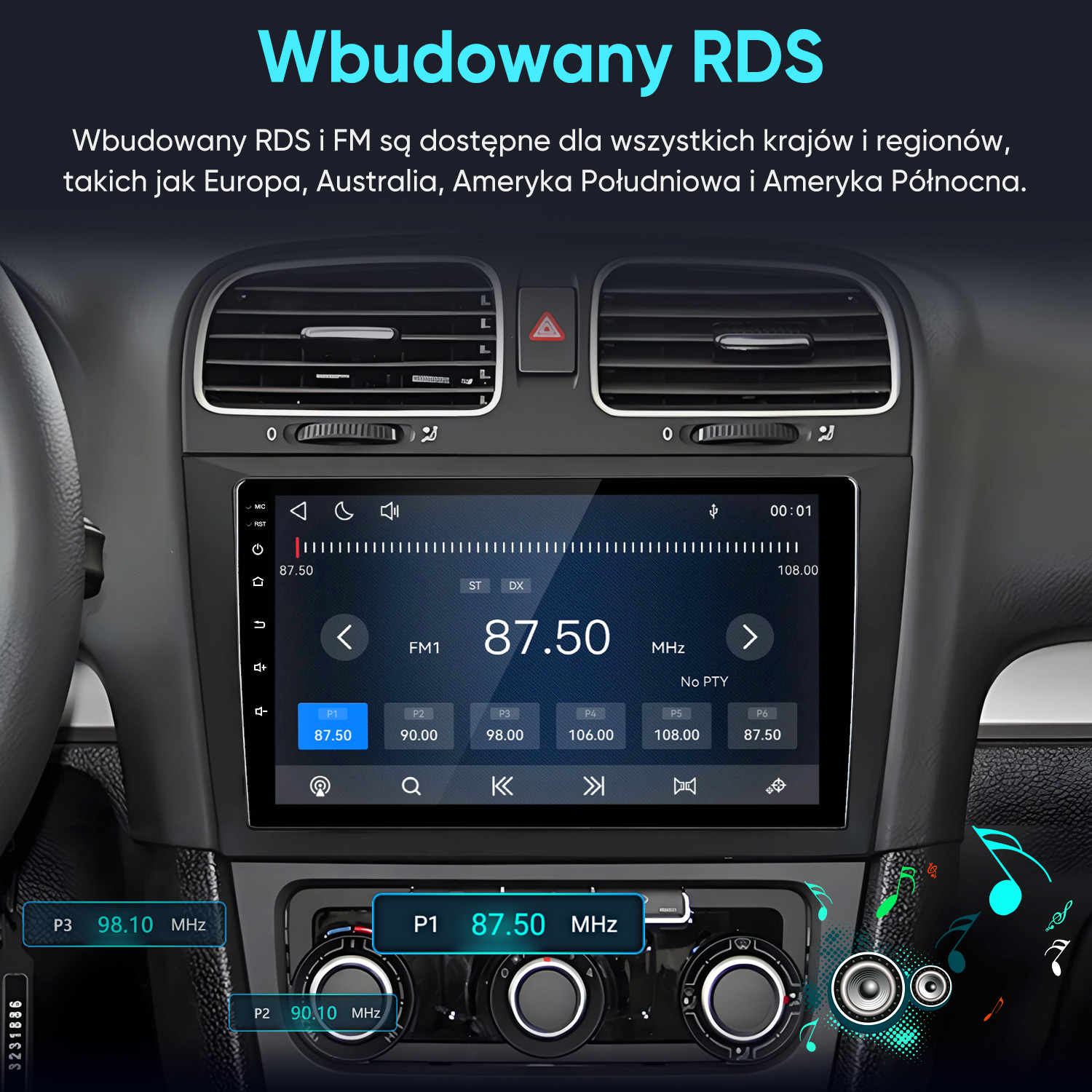 Deska rozdzielcza samochodu z cyfrowym systemem informacyjno-rozrywkowym z ekranem dotykowym pokazującym radio FM.