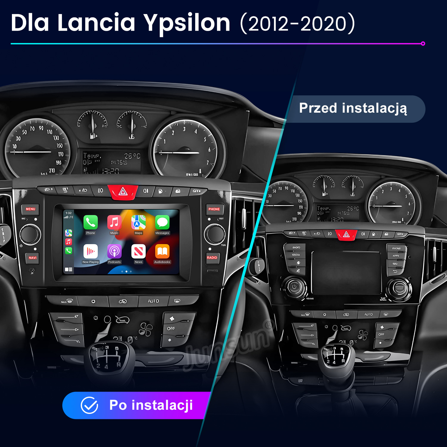 Zdjęcie porównawcze deski rozdzielczej Lancia Ypsilon przed i po instalacji radia samochodowego z ekranem CarPlay.