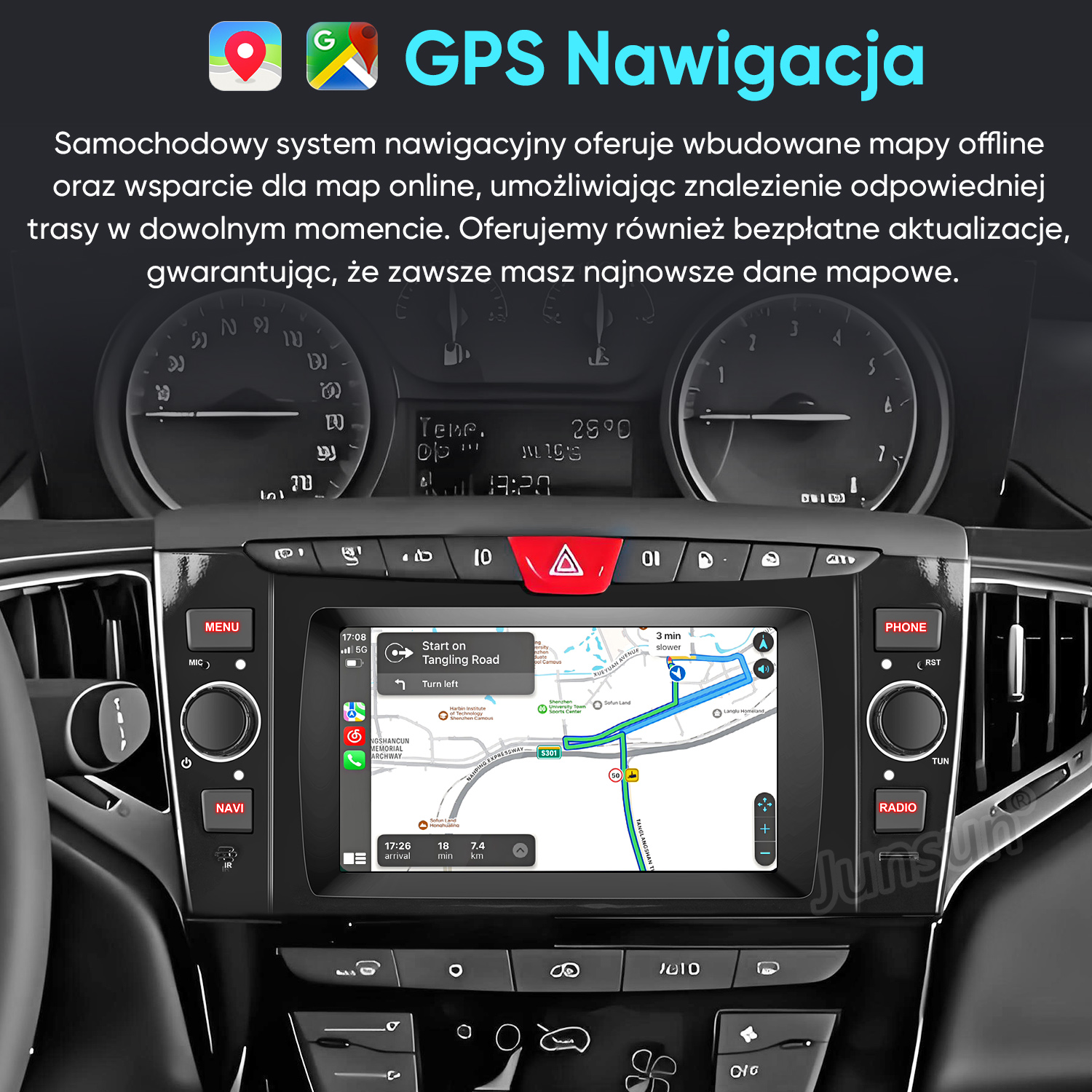 Deska rozdzielcza samochodu z ekranem nawigacji GPS i mapą.