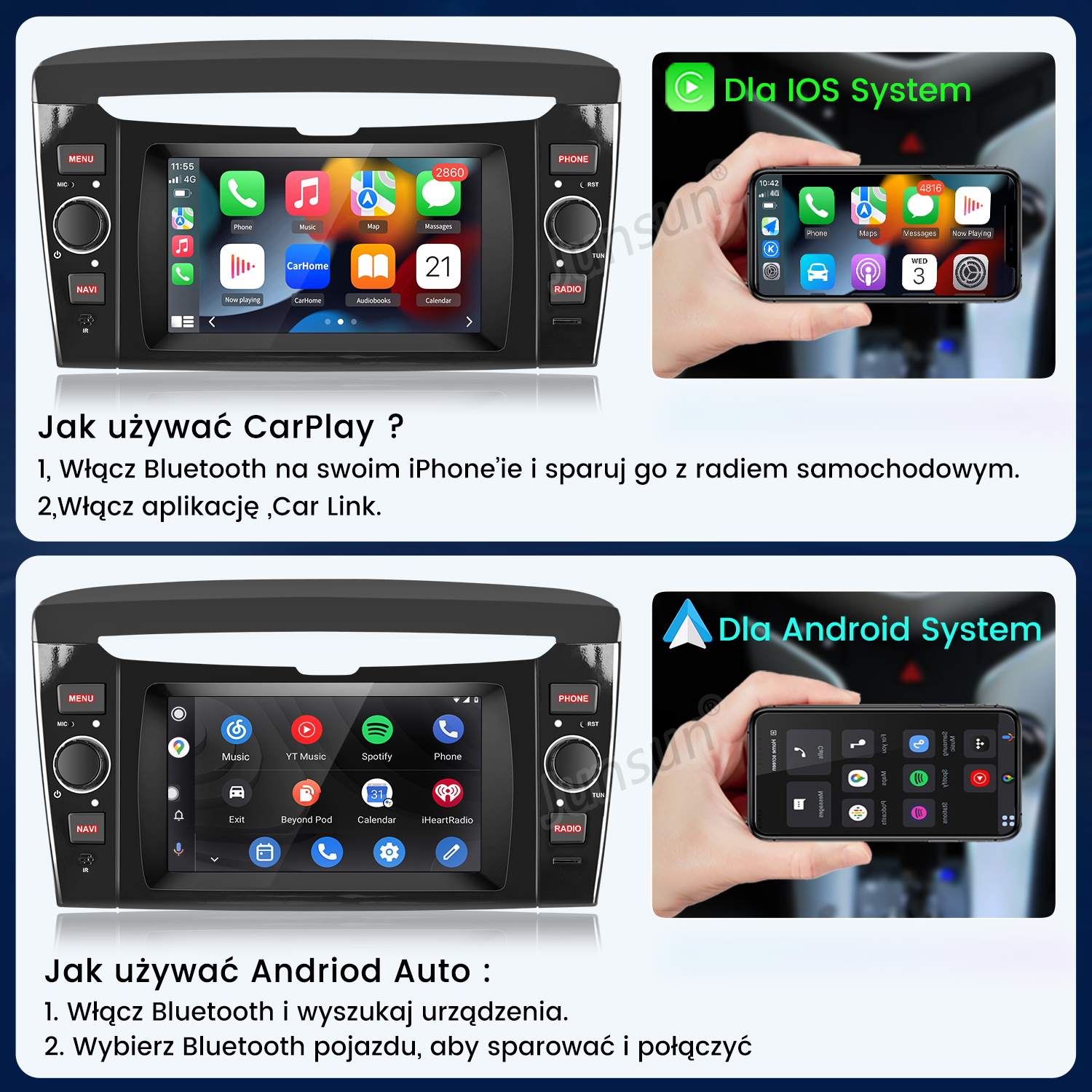 Radio samochodowe i smartfon z instrukcjami CarPlay i Android Auto.
