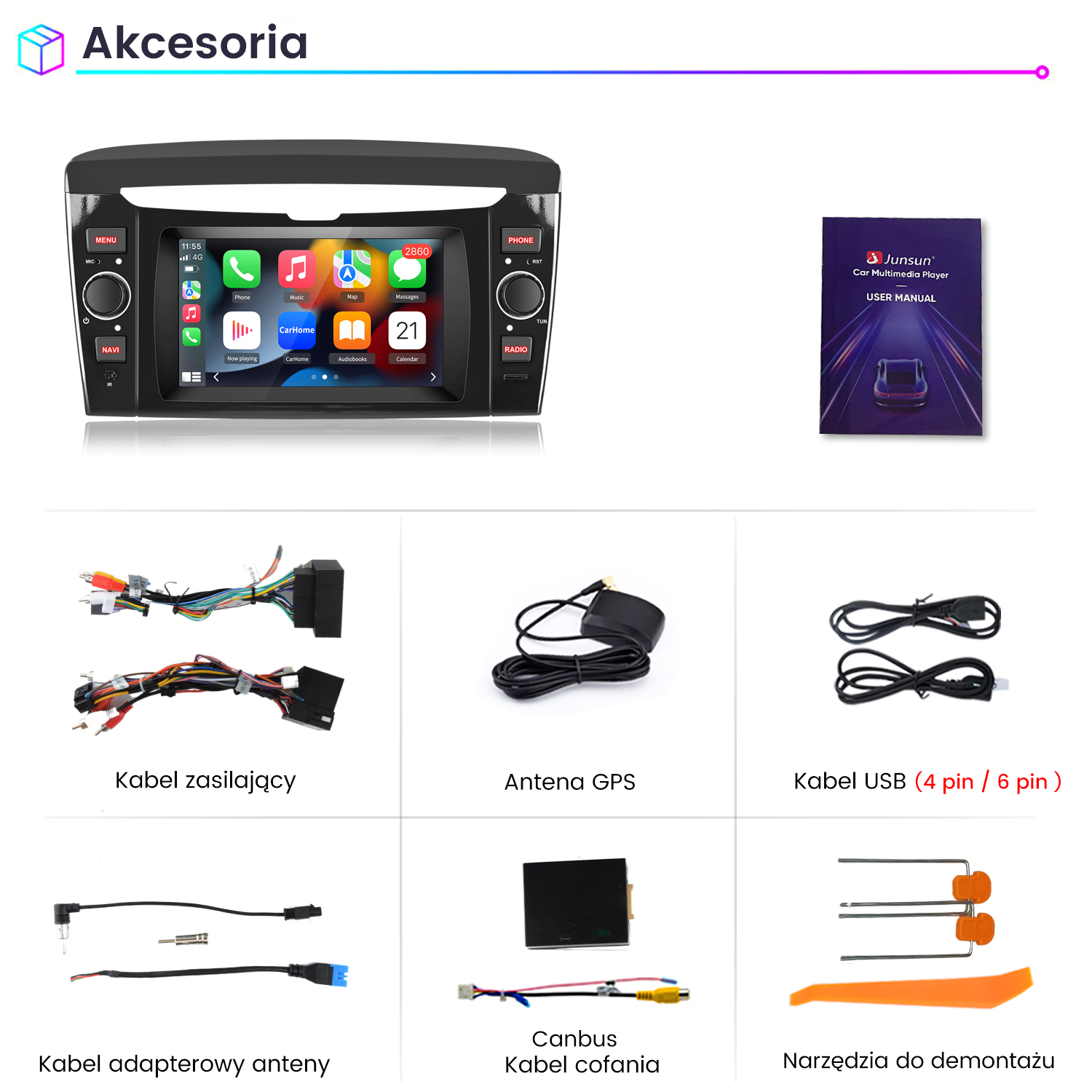 Przegląd akcesoriów do radia samochodowego, w tym wiązek kabli, anteny GPS i instrukcji.