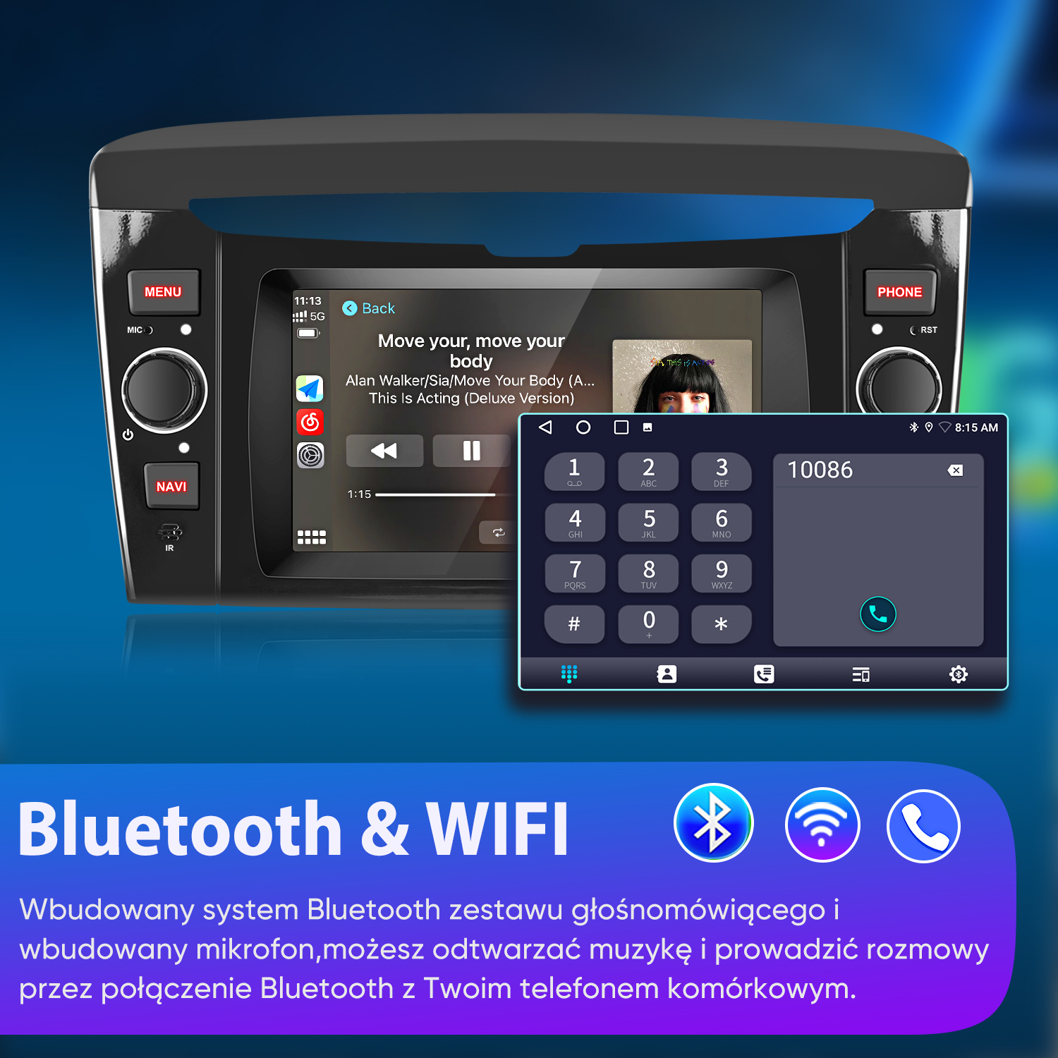Radio samochodowe z ekranem dotykowym, odtwarzaczem muzyki, Bluetooth i Wi-Fi.