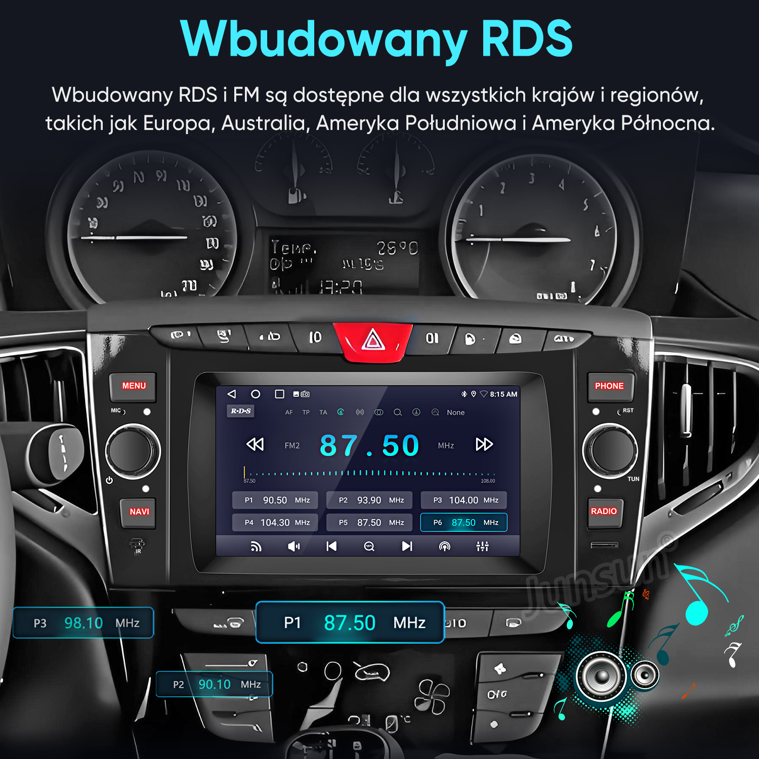 Radio samochodowe z wbudowanym RDS-em w desce rozdzielczej.