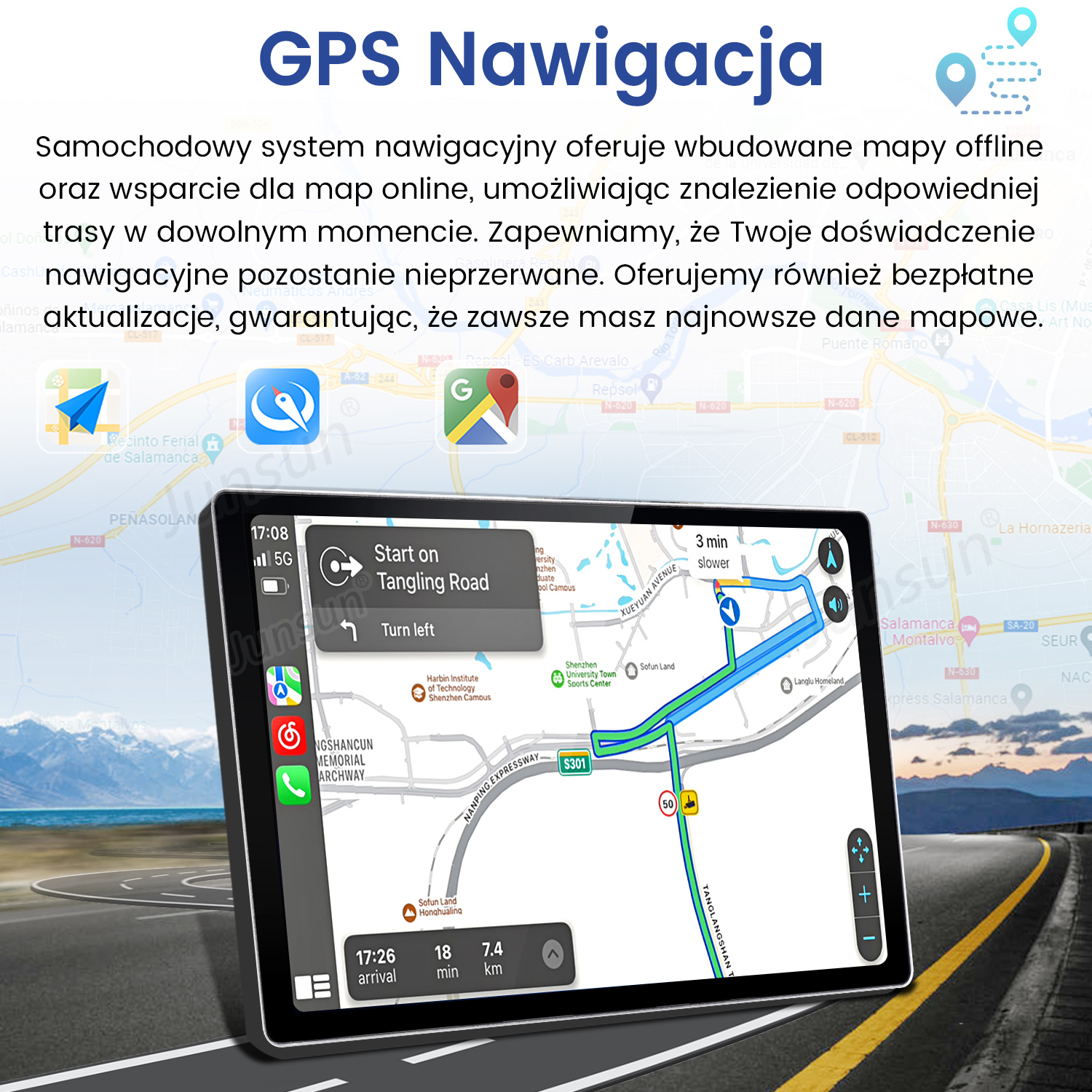 Wyświetlacze nawigacji GPS pokazują mapę trasy z nazwami ulic i wskazówkami dojazdu.