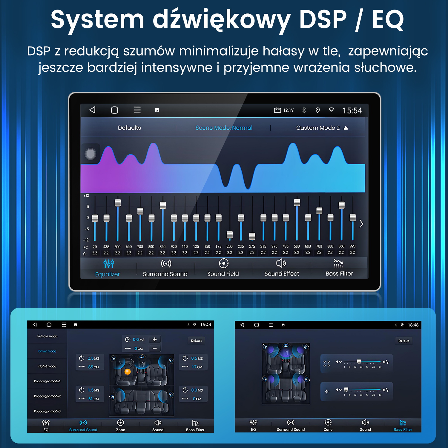 Ekran systemów audio w samochodzie pokazuje ustawienia korektora i tryby dźwięku z niebieskimi falami.
