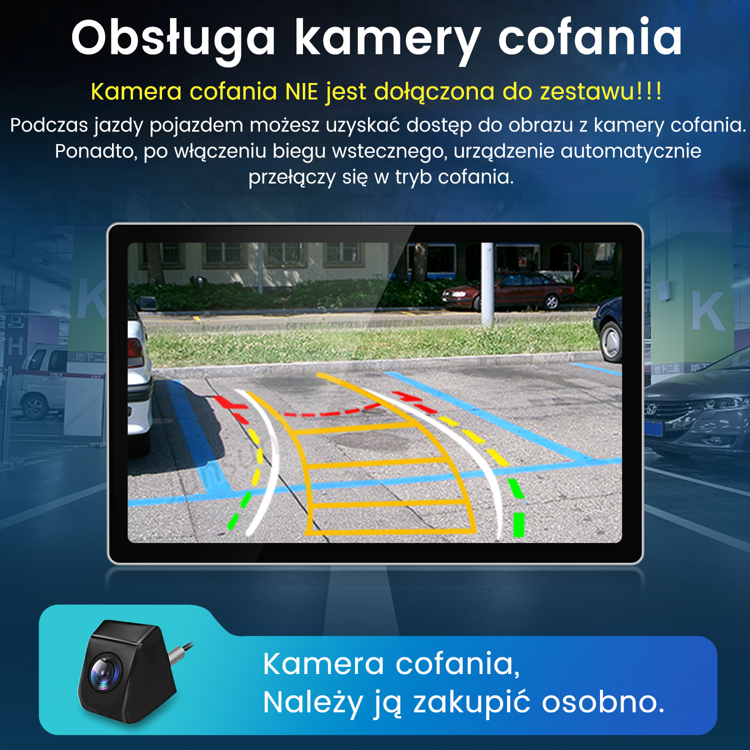 Ekran pokazuje widok parkowania z liniami pomocniczymi kamery cofania. Kamera jest do kupienia osobno.