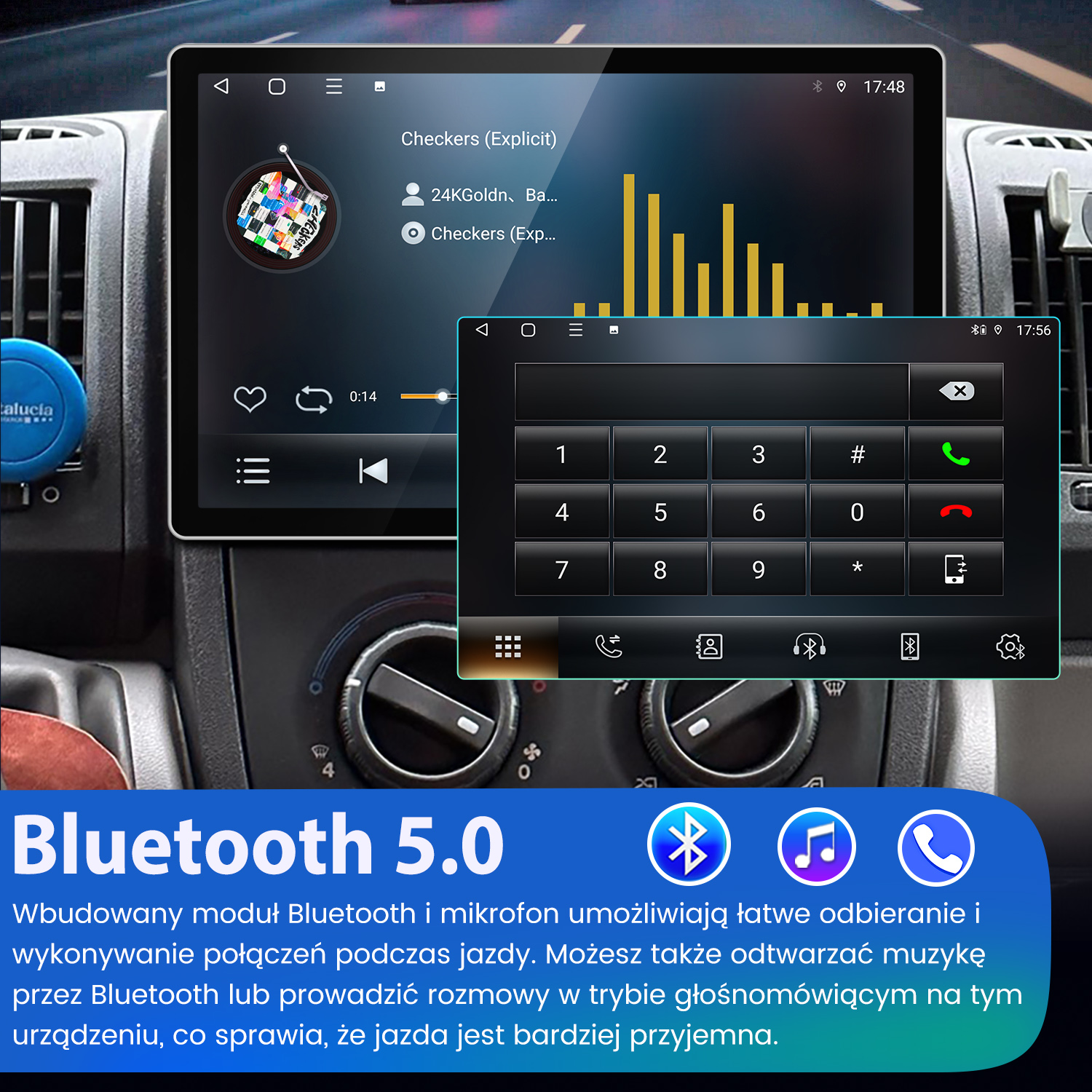 Radio samochodowe z zestawem głośnomówiącym Bluetooth, odtwarzaczem muzyki i klawiaturą.