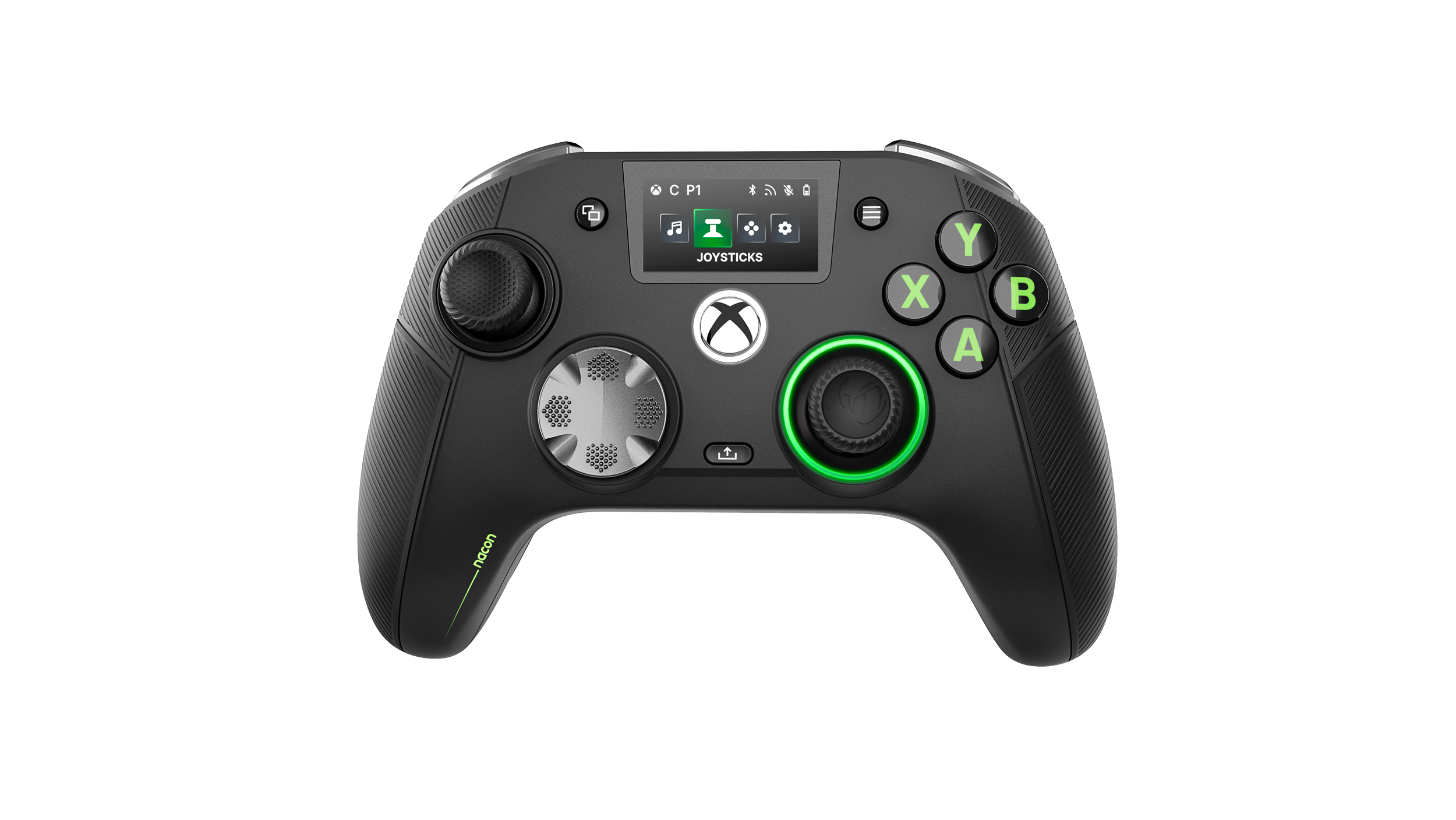 Un controlador inalámbrico Xbox negro con pantalla digital, detalles verdes y empuñaduras texturizadas.