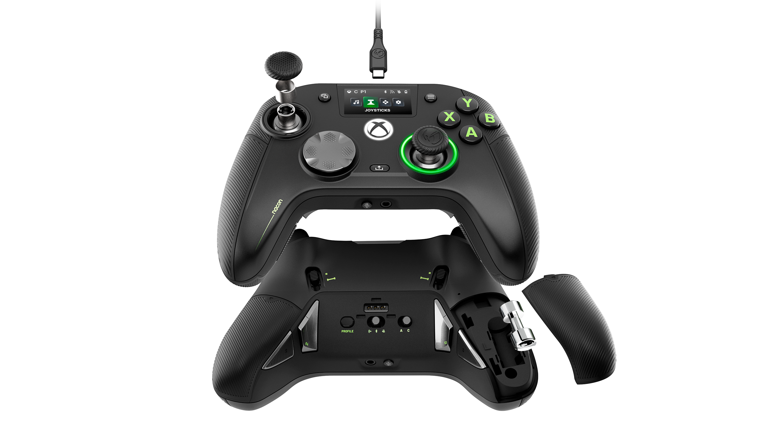 Mando Xbox negro con joysticks personalizables, pantalla, detalles verdes y botones traseros.