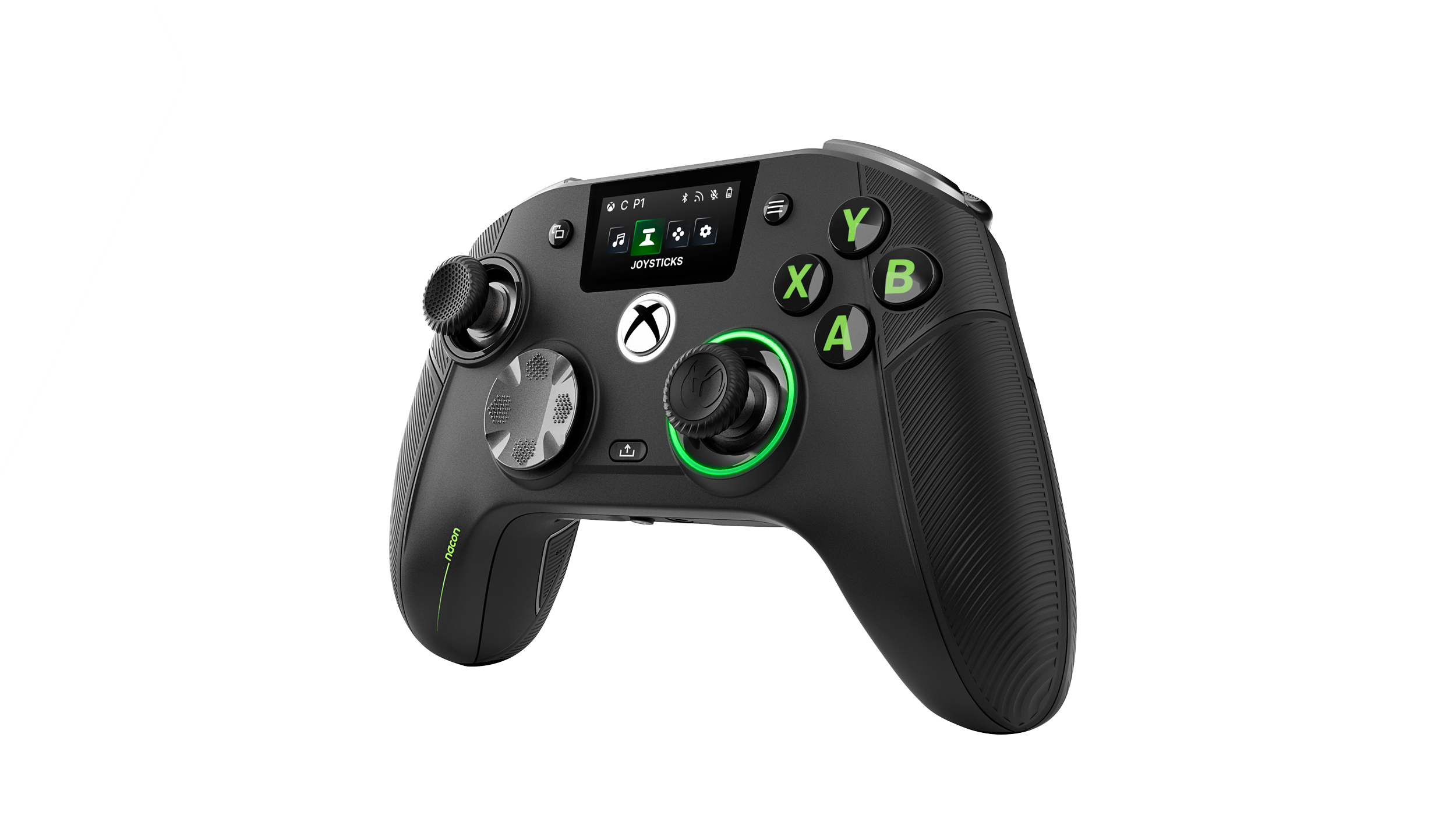 Controlador Xbox negro con un anillo LED verde y una pantalla sobre fondo negro.
