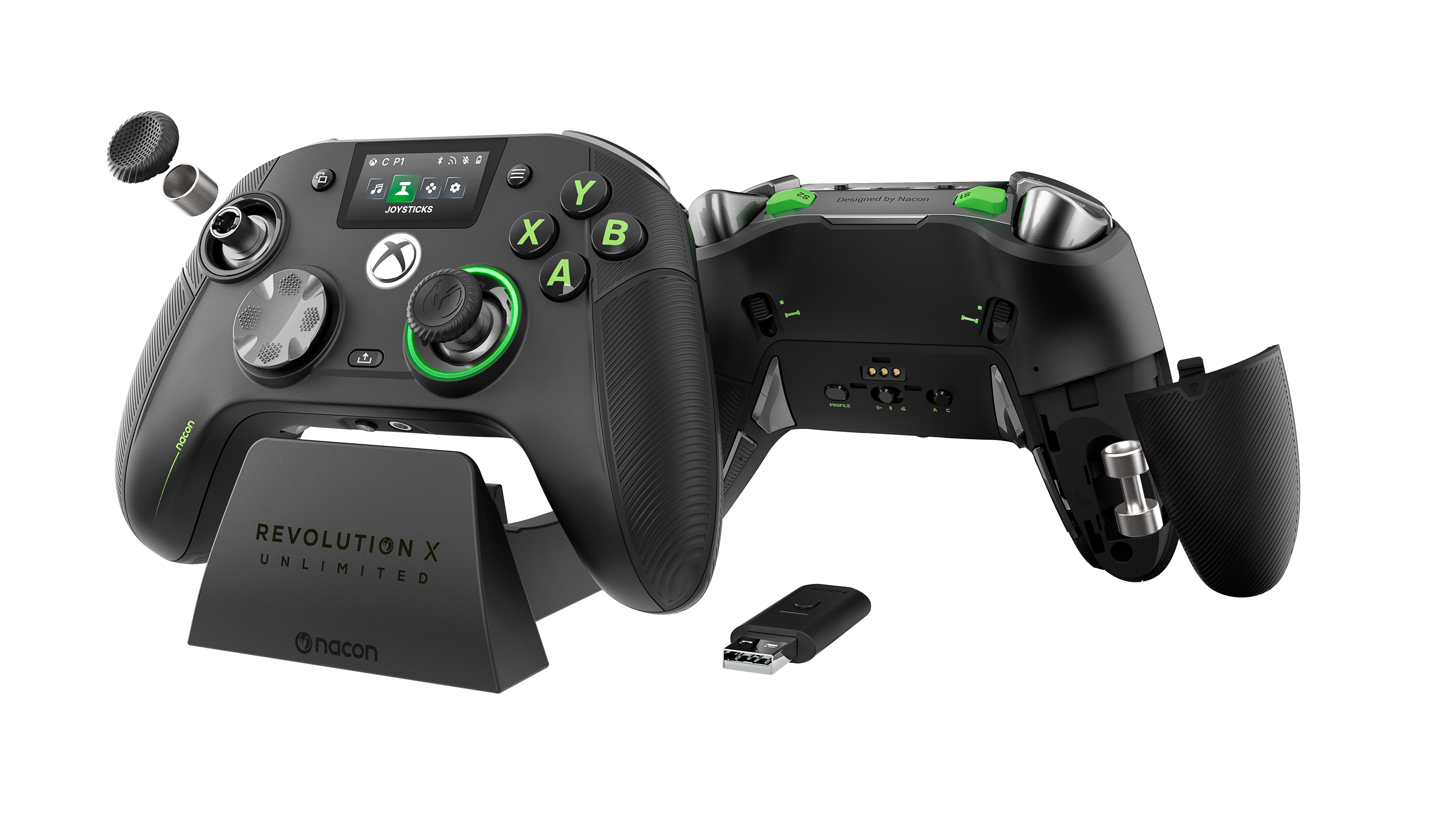 Mando negro Revolution X Unlimited con base de carga, receptor USB y componentes modulares.