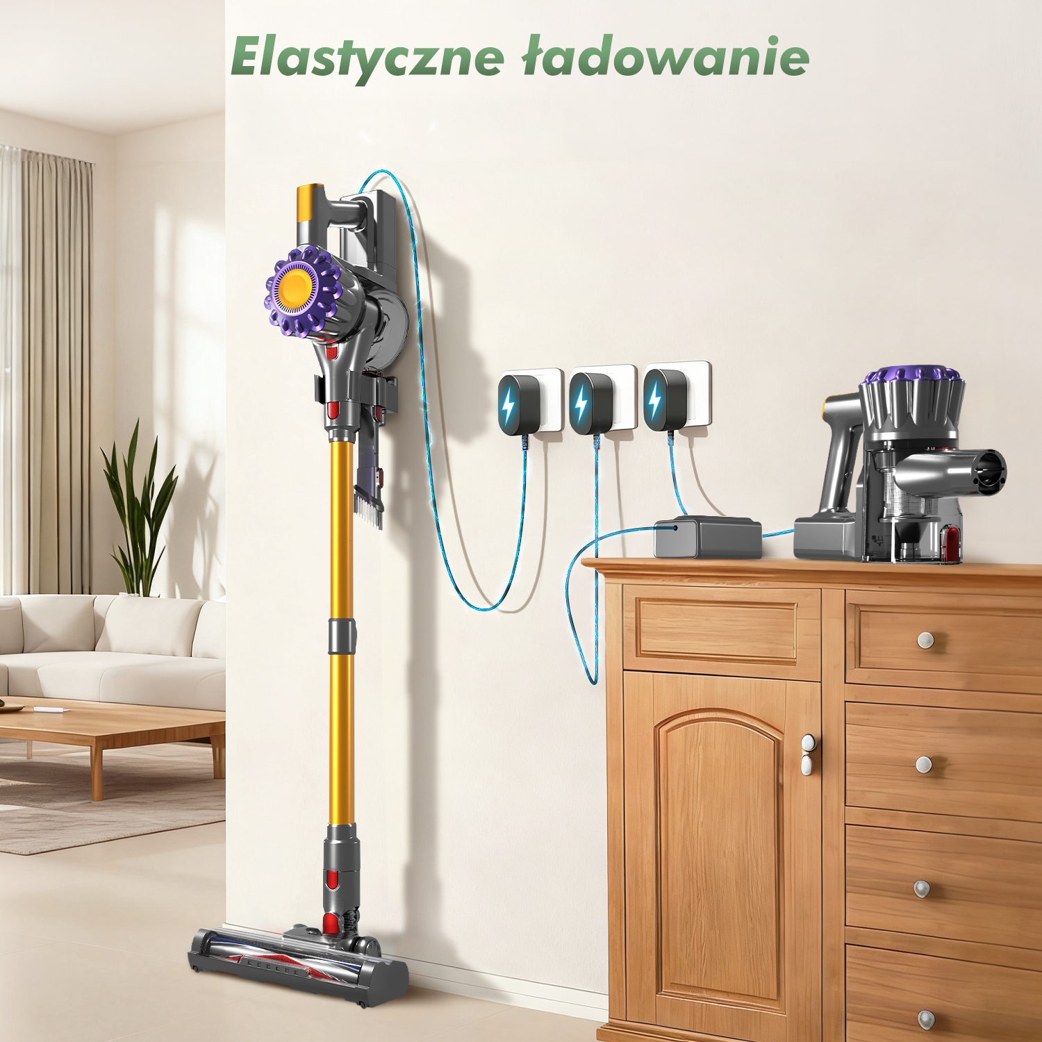 Ein kabelloser Staubsauger lädt an einer Wandhalterung, Text oben lautet Elastyczne ładowanie.