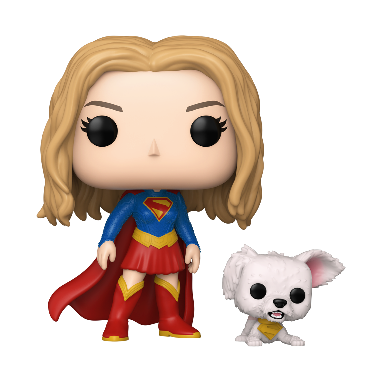 Figura Funko Pop de Supergirl con cabello rubio y capa roja, acompañada de su pequeño perro blanco.