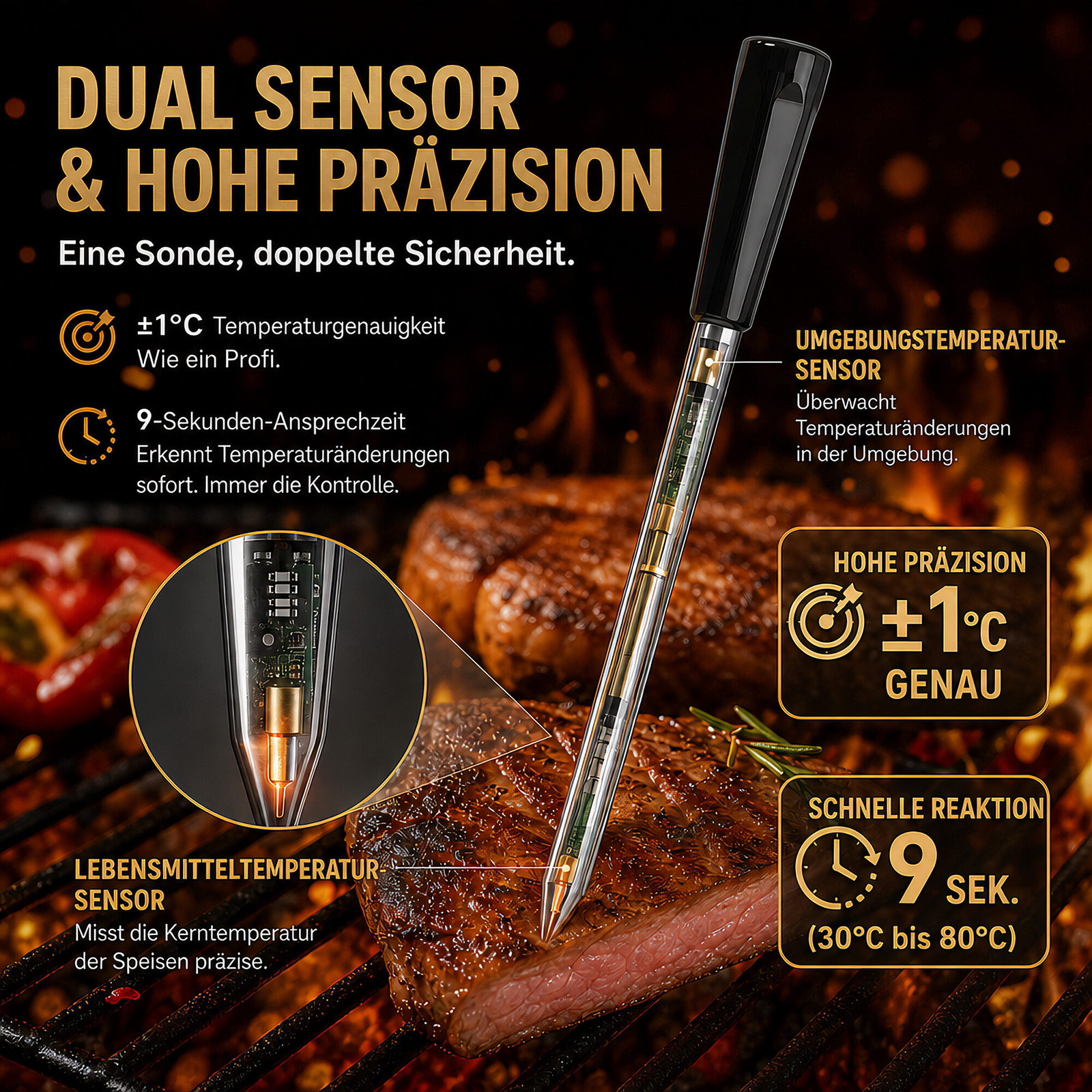 Dual-Sensor-Bratthermometer in einem saftigen Steak mit Text- und Infoboxen.