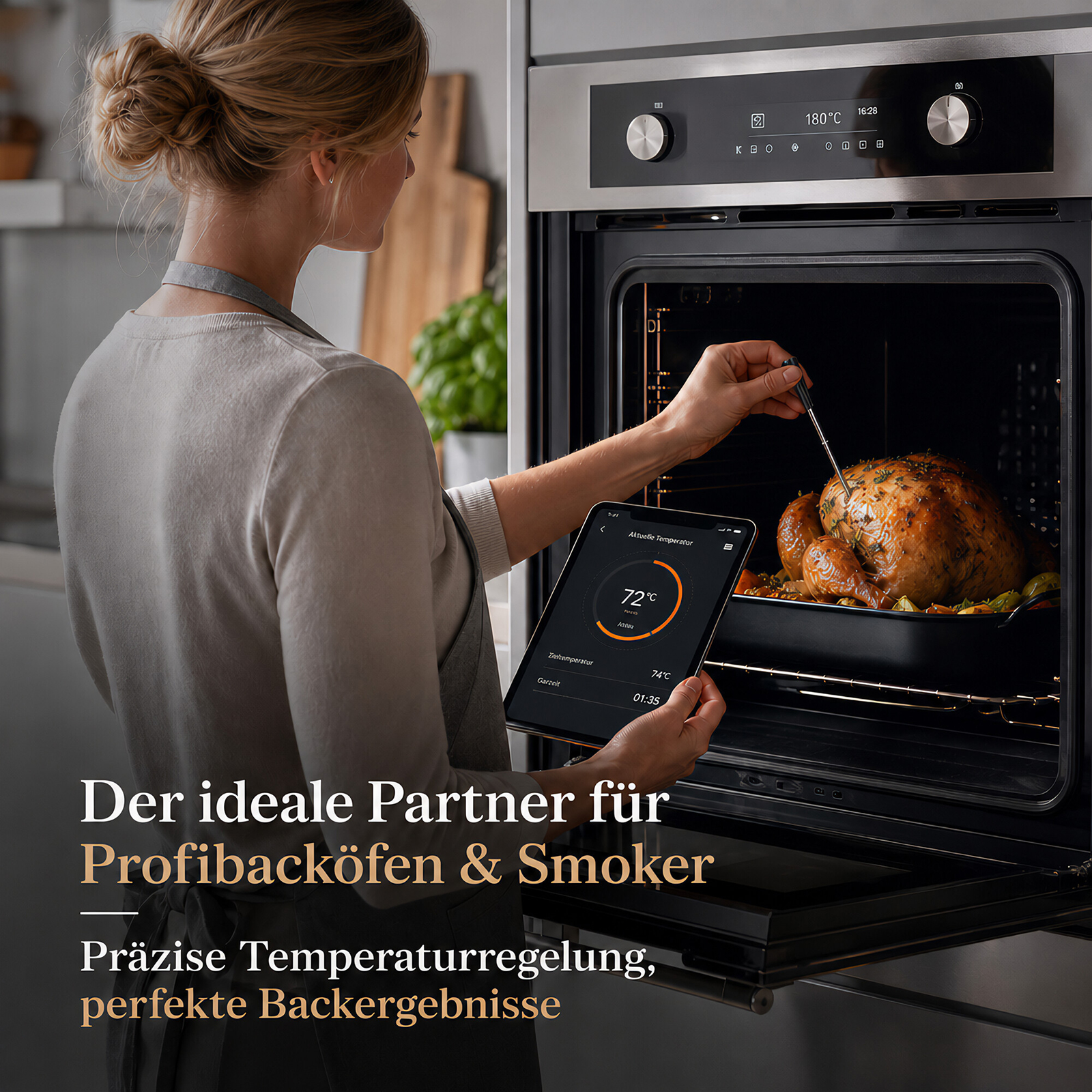 Frau prüft mit einem Fleischthermometer und Tablet einen Braten im Ofen.