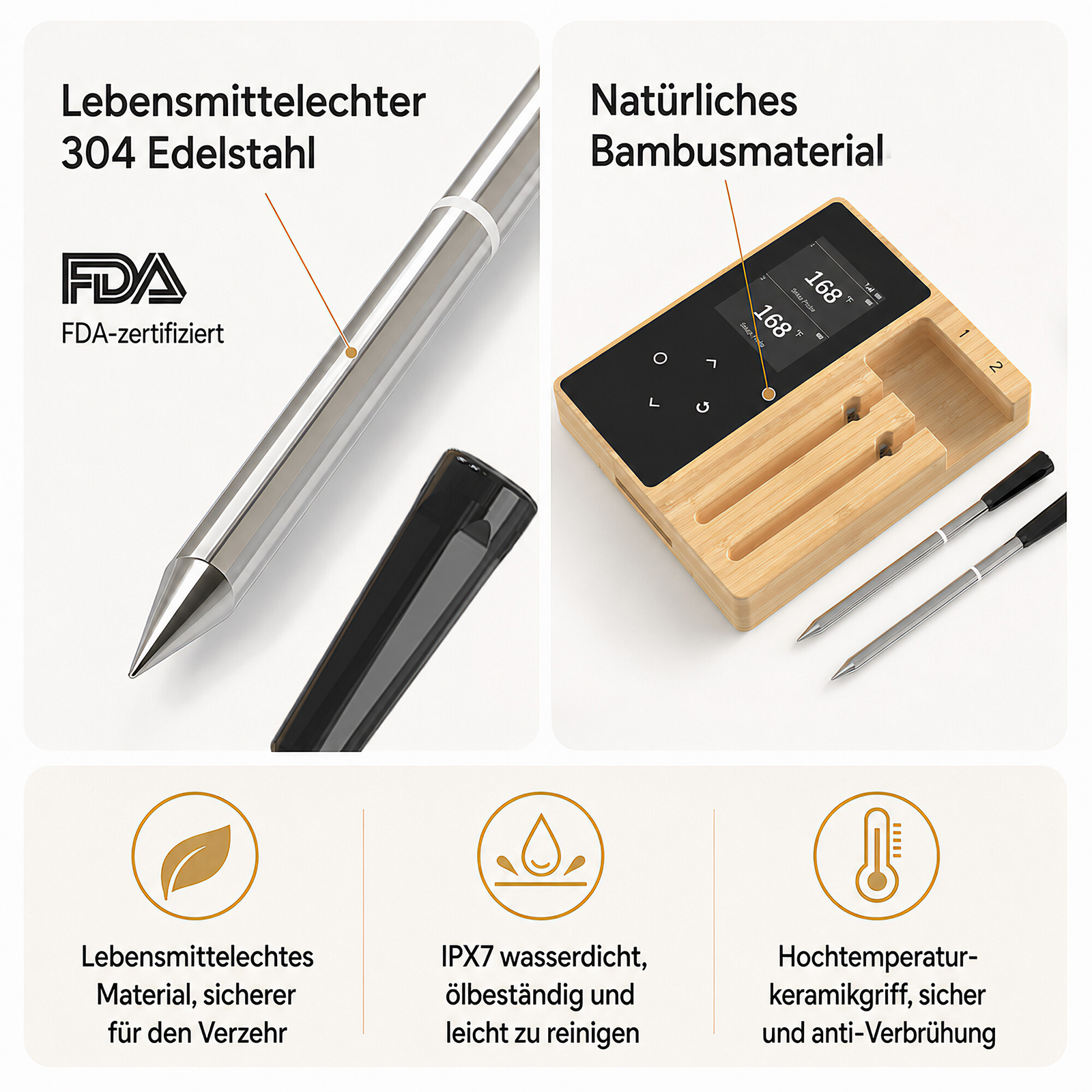 Produktmerkmale zeigen lebensmittelechten Edelstahl, Bambusbasis, wasserdichtes Design und Keramikgriff.