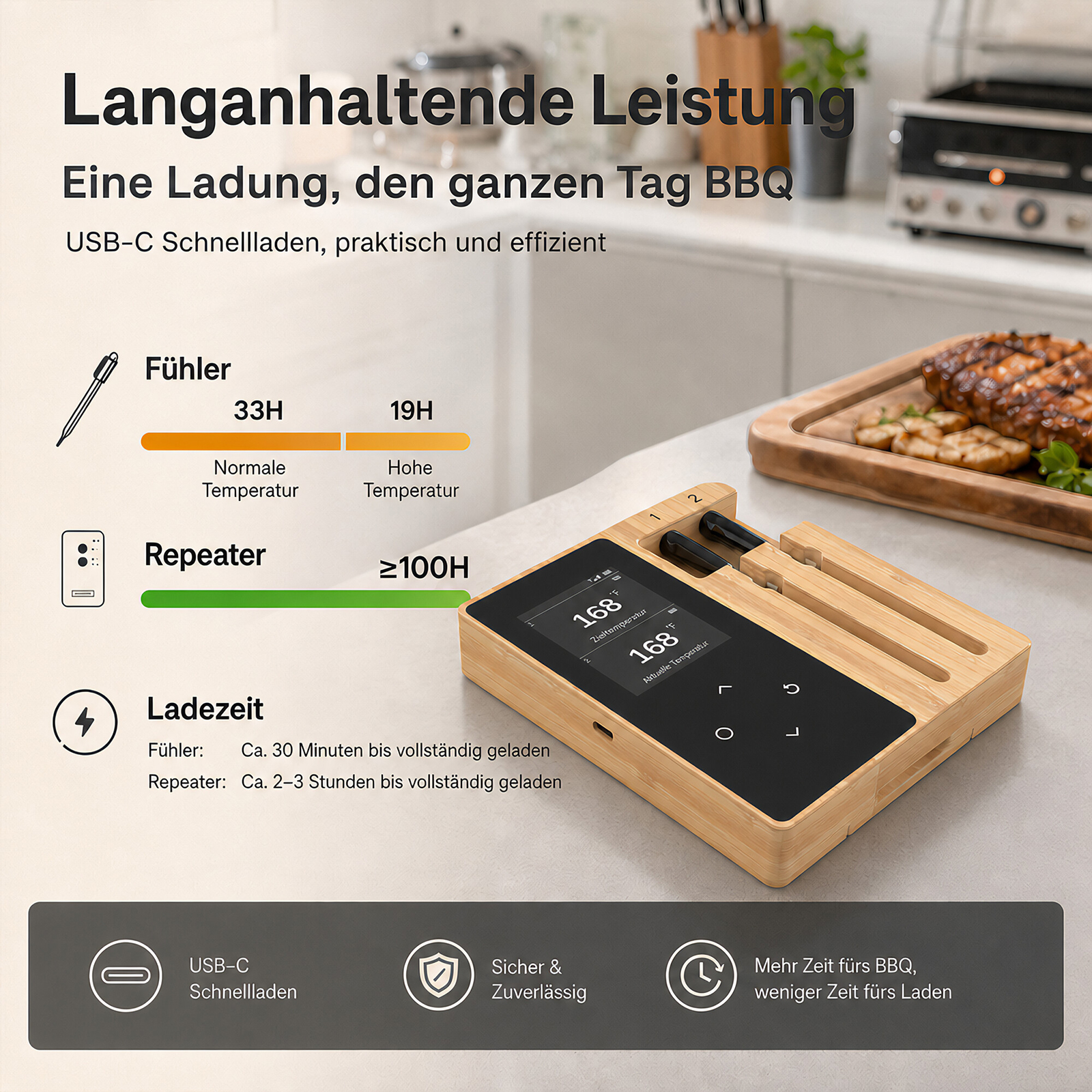 Holz-Grillthermometer mit Ladebasis und Infografik über Akkulaufzeit in einer Küche.