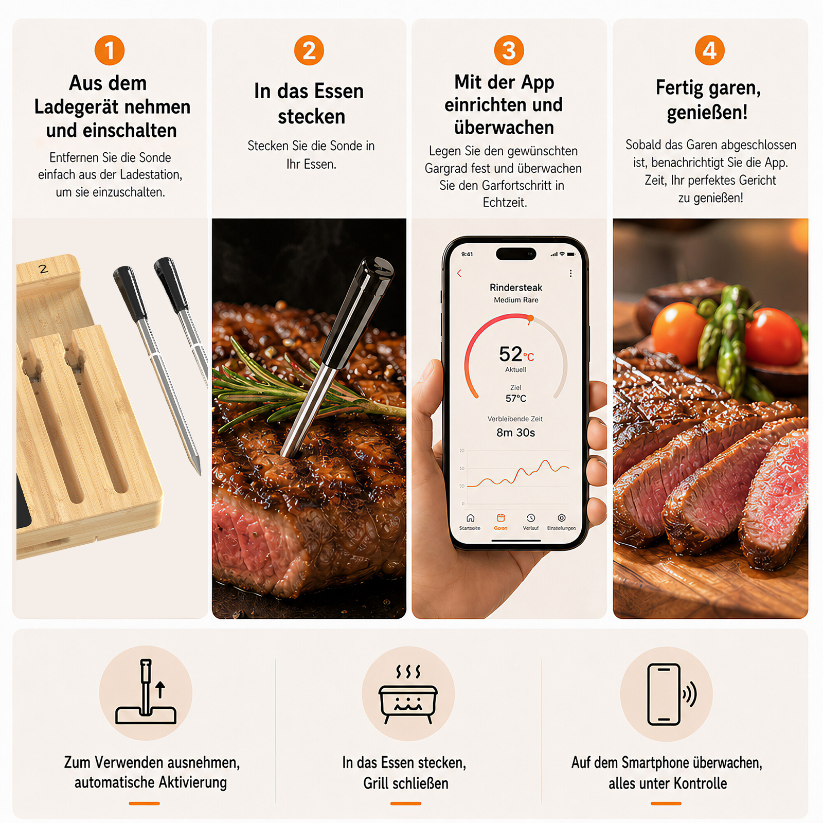Vierstufige Anleitung für ein Fleischthermometer: Entnehmen, einstecken, per App überwachen und genießen.