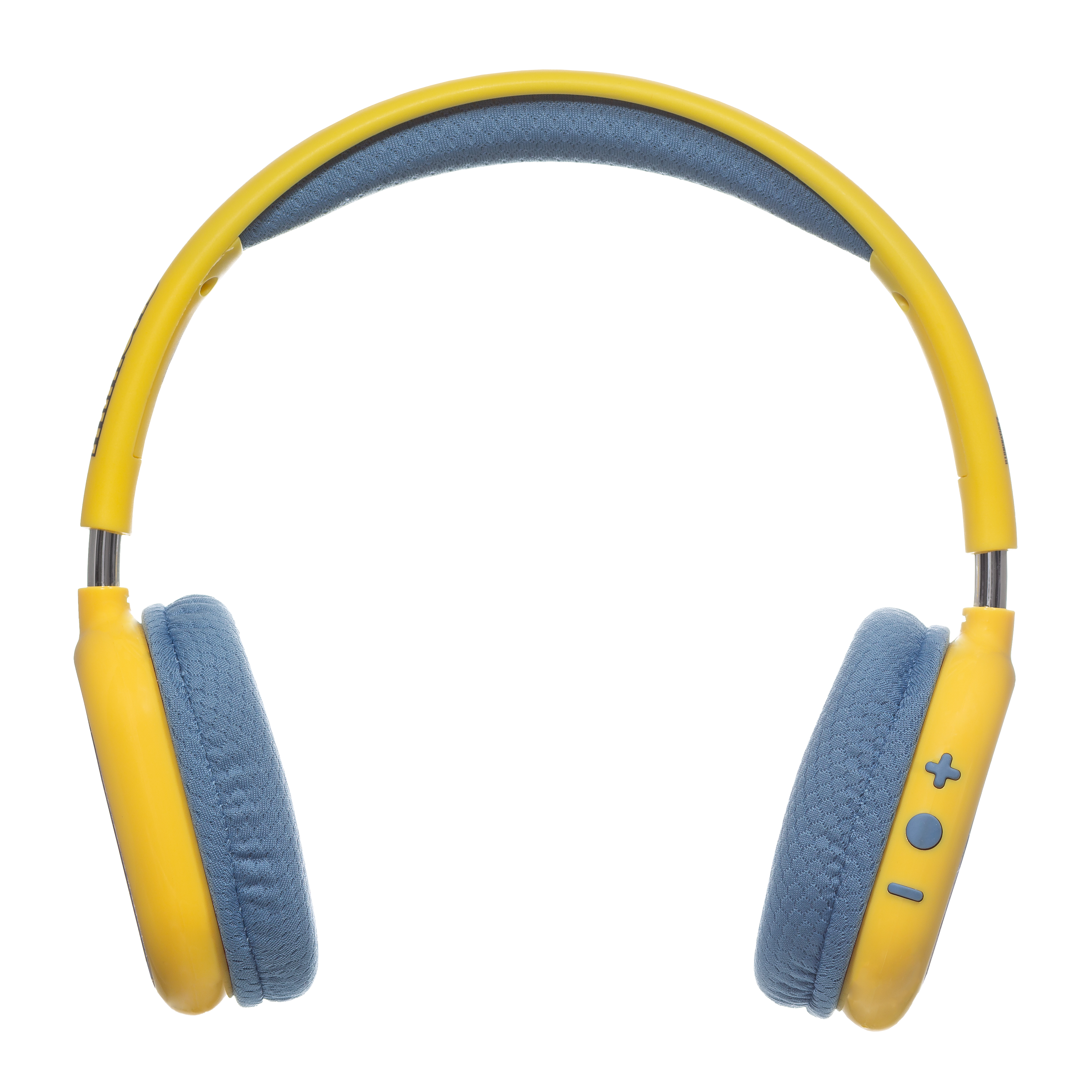 Auriculares supraurales amarillos con cojines azules y botones de control sobre fondo negro.