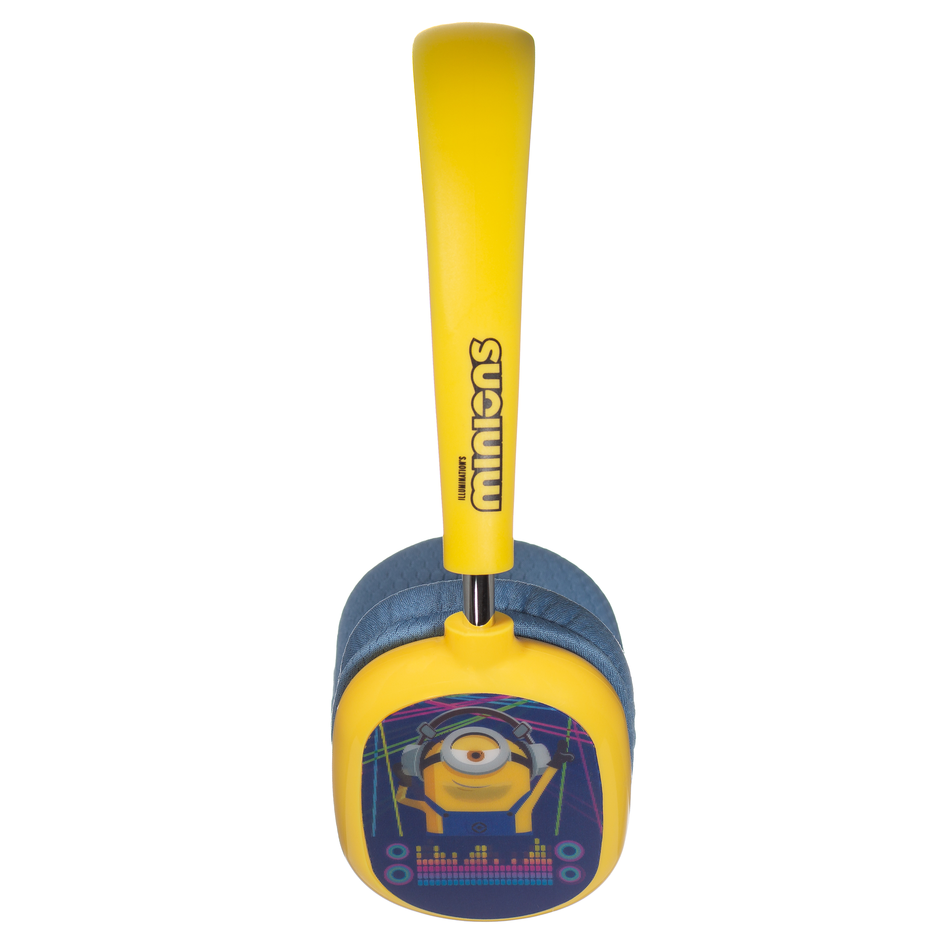 Auriculares amarillos de los Minions con un gráfico de un Minion en la orejera sobre fondo negro.