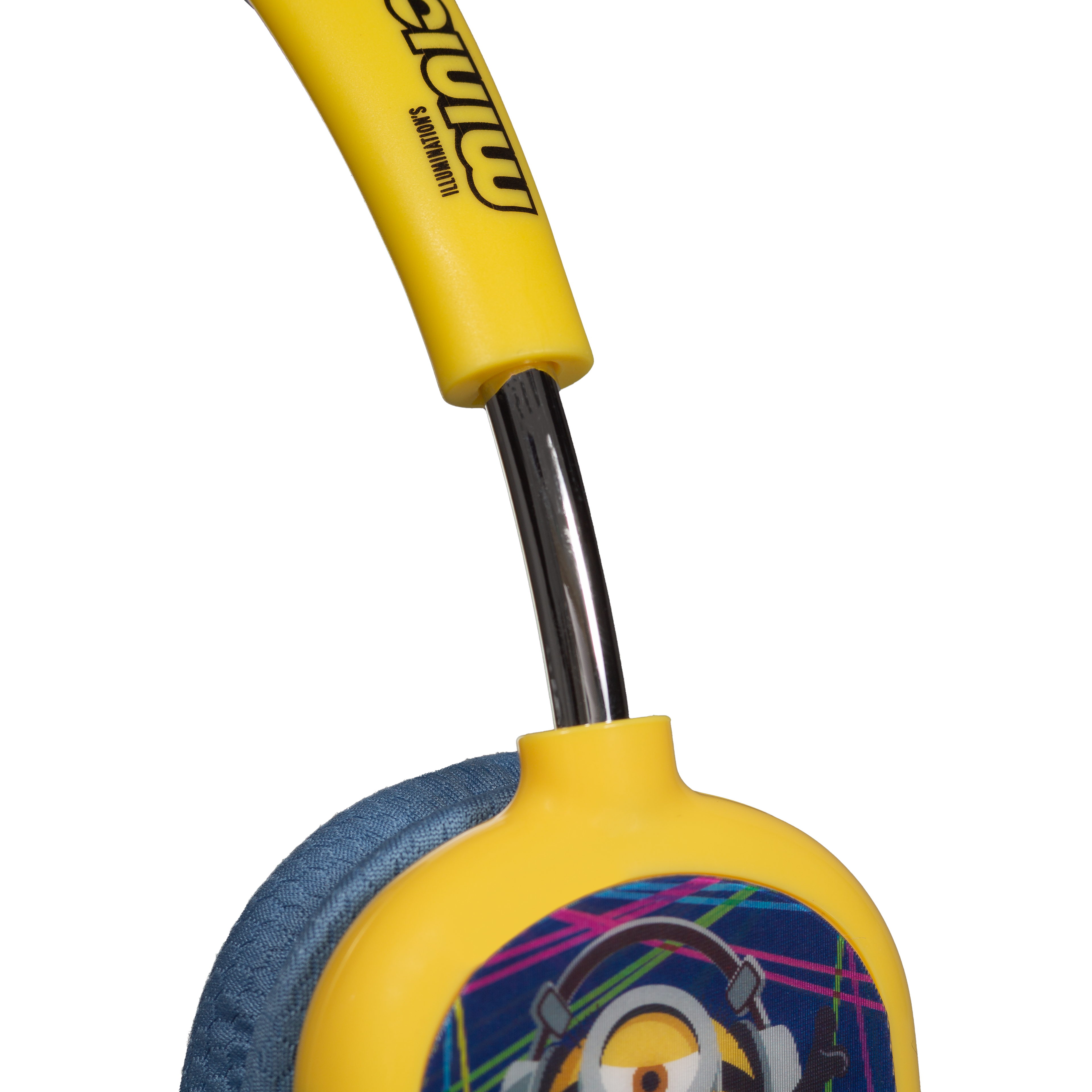 Auriculares amarillos de Minions con banda metálica ajustable y cojín azul sobre fondo negro.