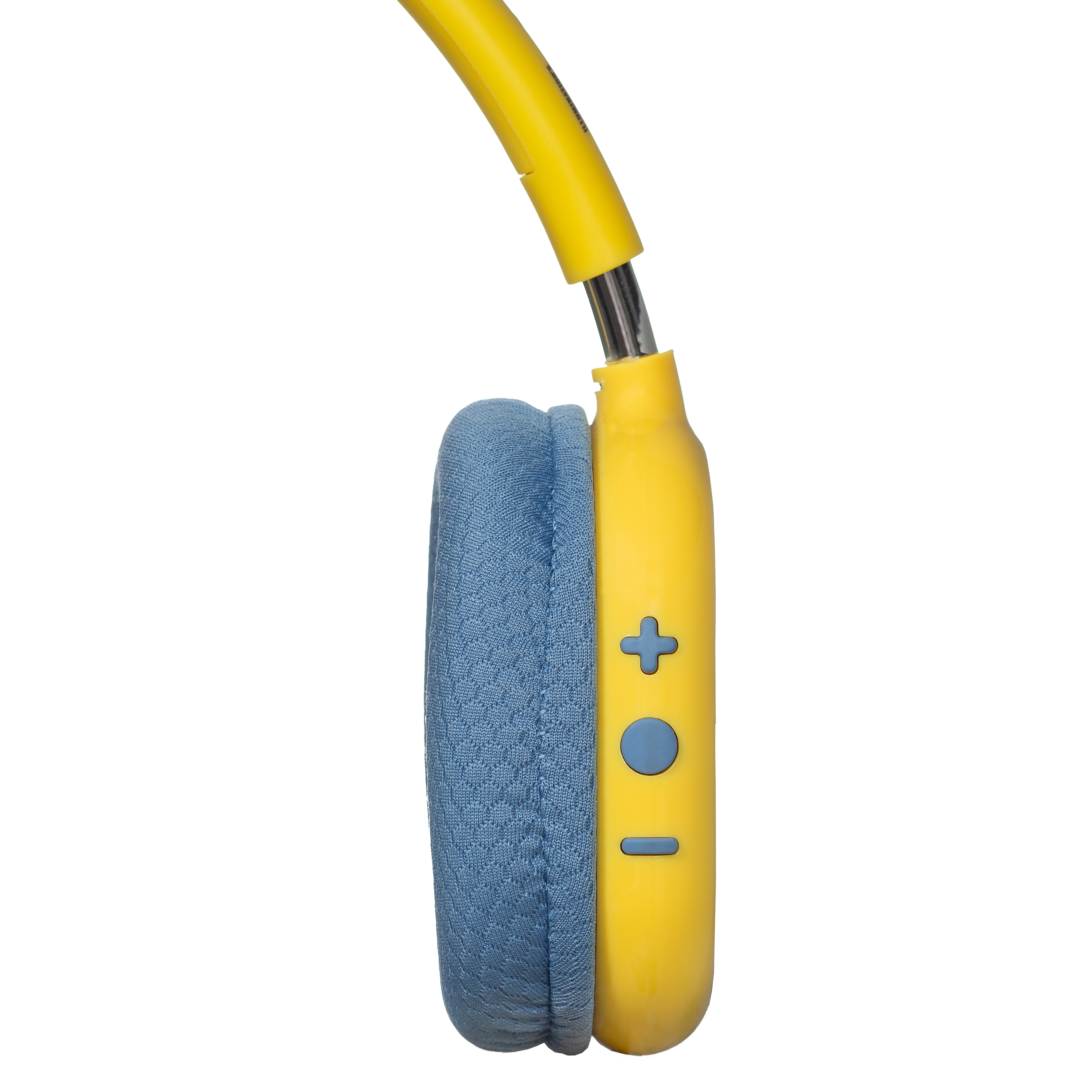Auriculares amarillos con cojín de tela azul y botones de control sobre fondo negro.