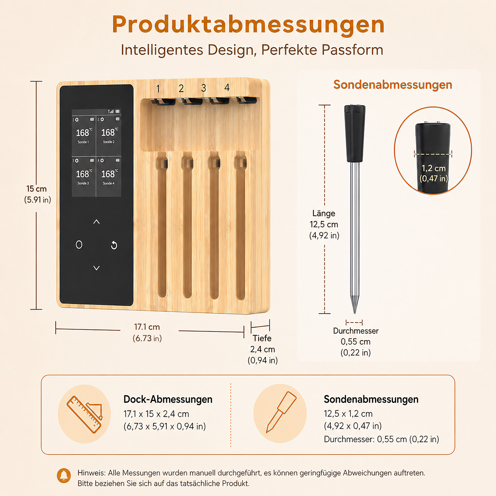 Diagramm zeigt die Abmessungen eines digitalen Bratenthermometers und dessen Dockingstation mit integriertem Display.