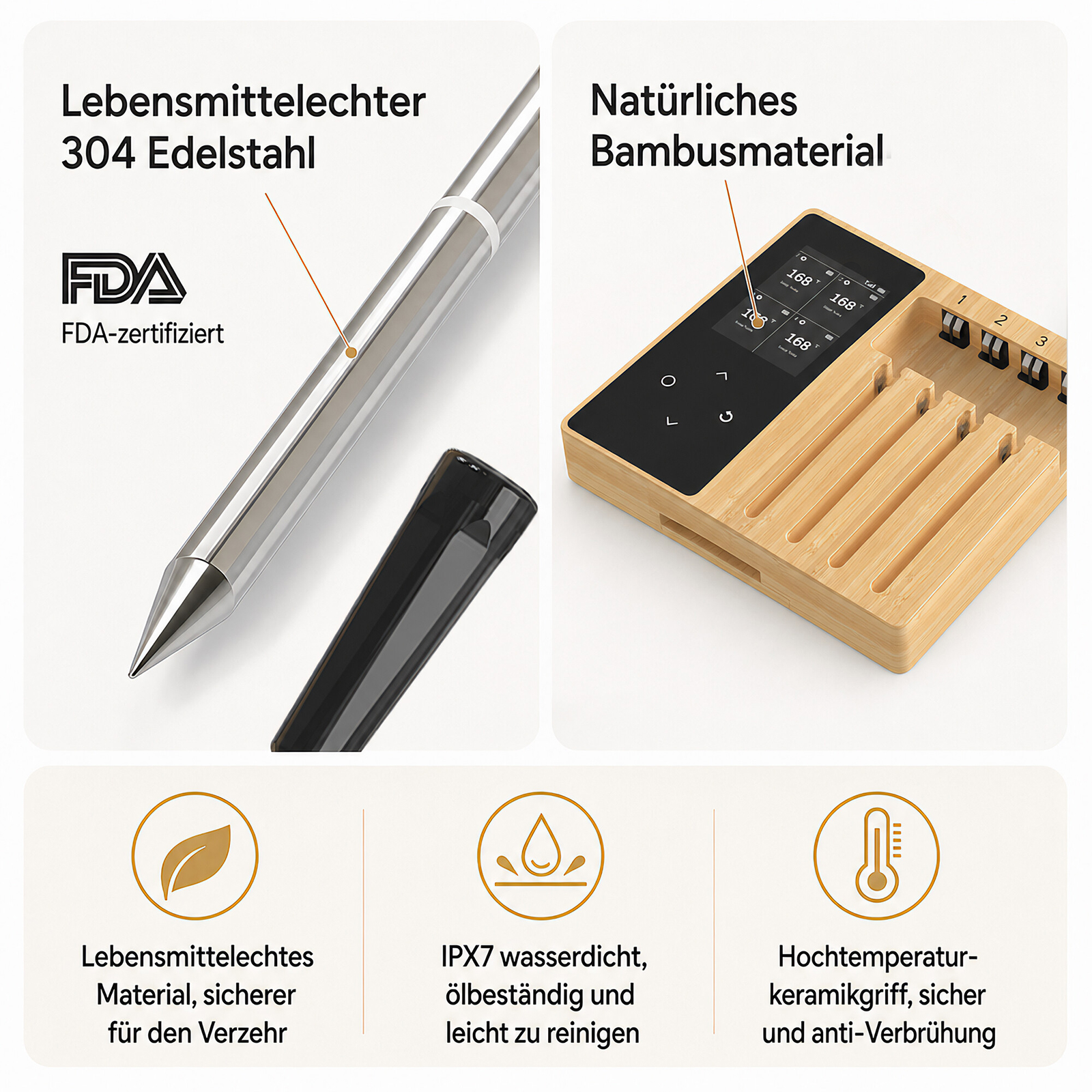 Produktmerkmale aus Edelstahl, Bambus, sicheres Material, wasserdicht, hitzebeständiger Griff.