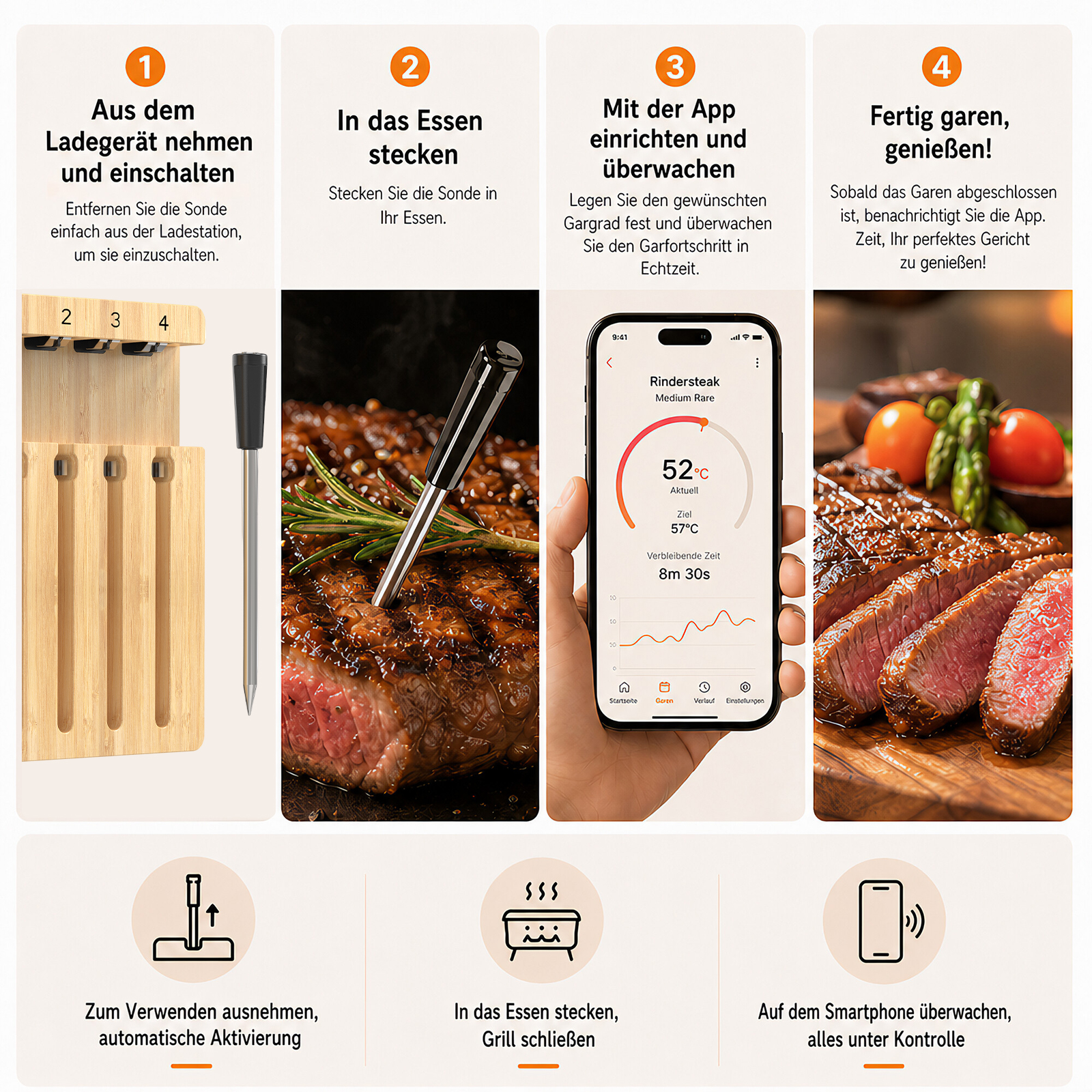 Vier Schritte: Fleischthermometer aus der Station nehmen, in das Fleisch stecken, mit App überwachen und genießen.