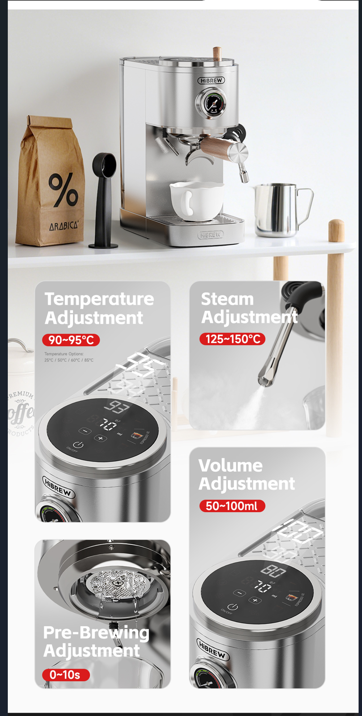 Cafetera de espresso plateada con accesorios e infografías de temperatura, vapor, volumen e infusión.