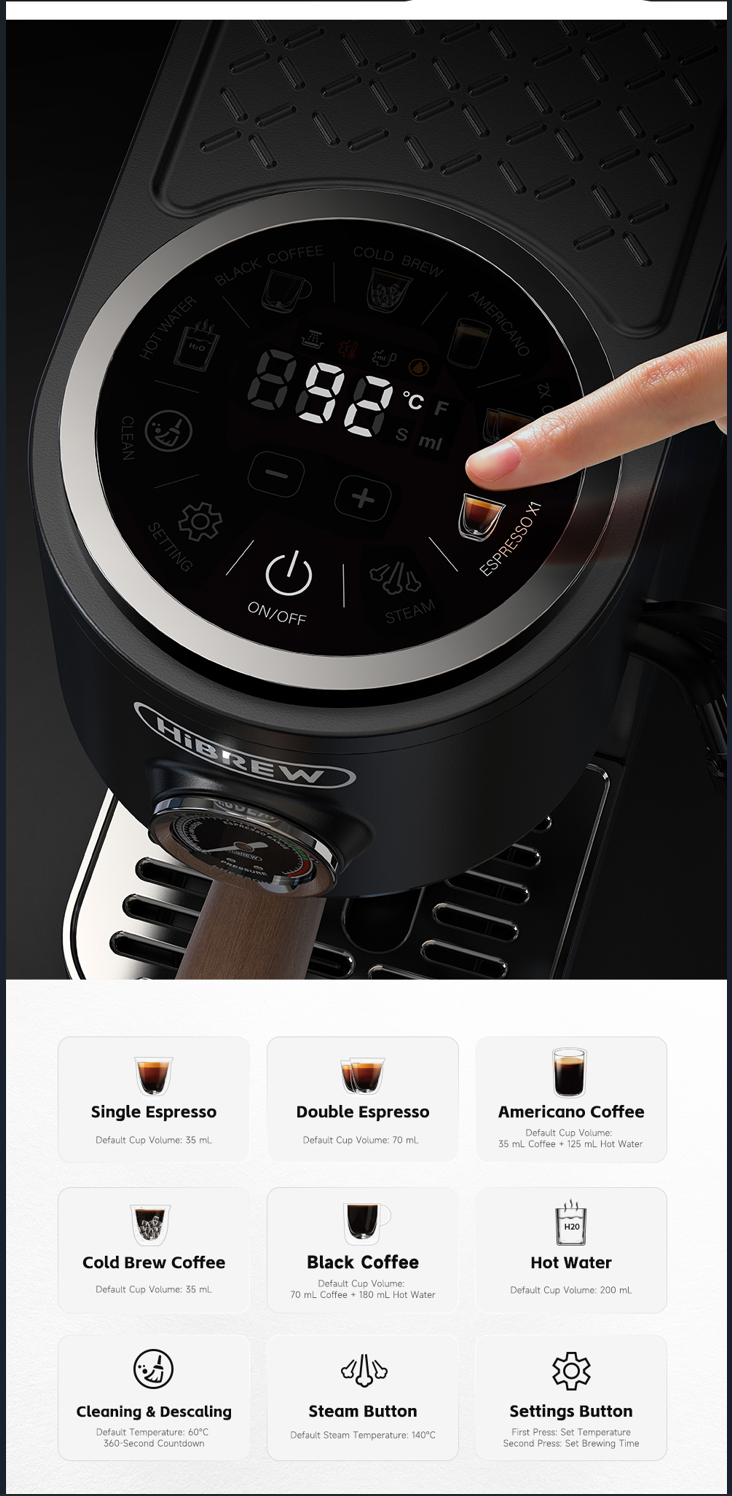 Dedo tocando el panel táctil de la cafetera con iconos de espresso, americano y ajustes.