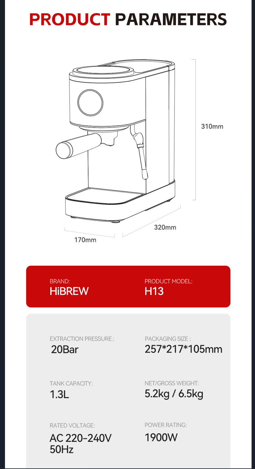 Diagrama que muestra las dimensiones y especificaciones técnicas de la cafetera HiBREW H13.
