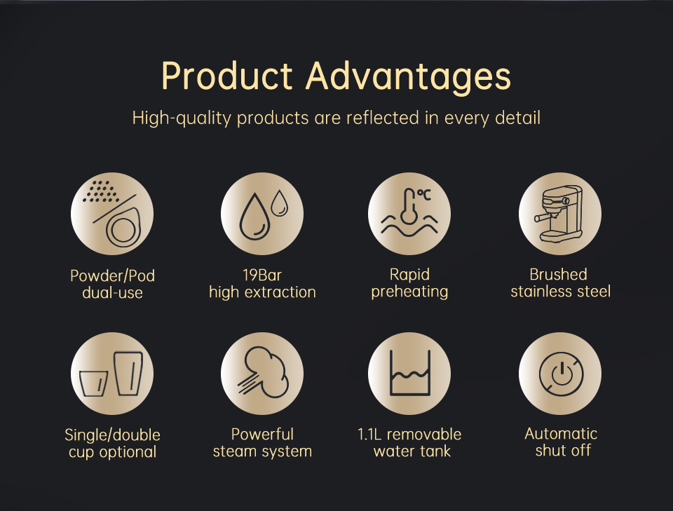 Ventajas del producto: ocho iconos dorados que muestran características como 19 bares y precalentamiento rápido.
