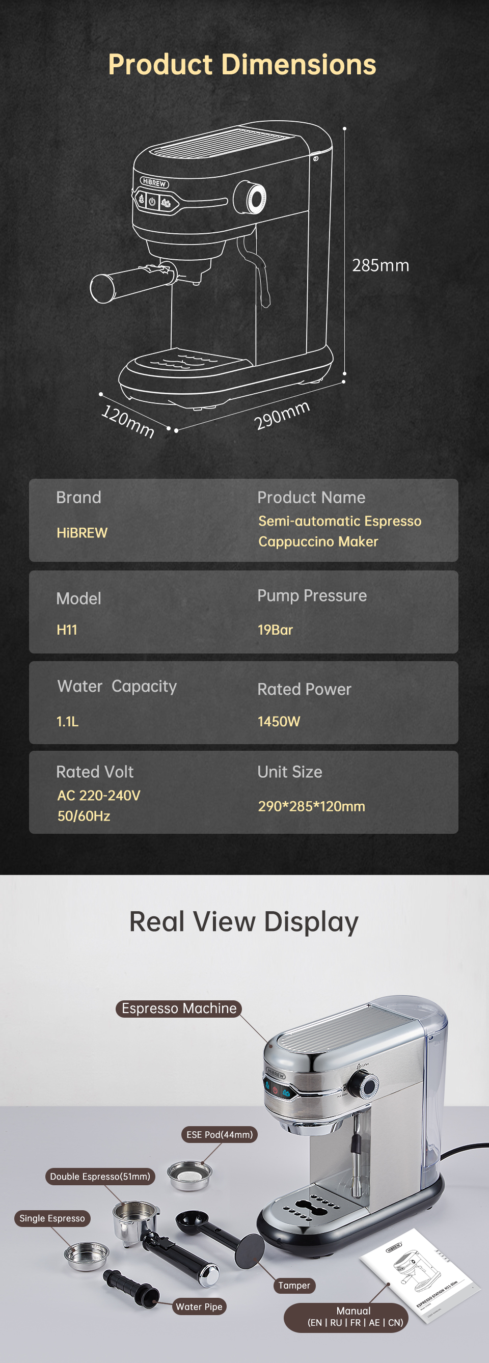 Dimensiones técnicas y vista real de una cafetera exprés HiBREW con accesorios.