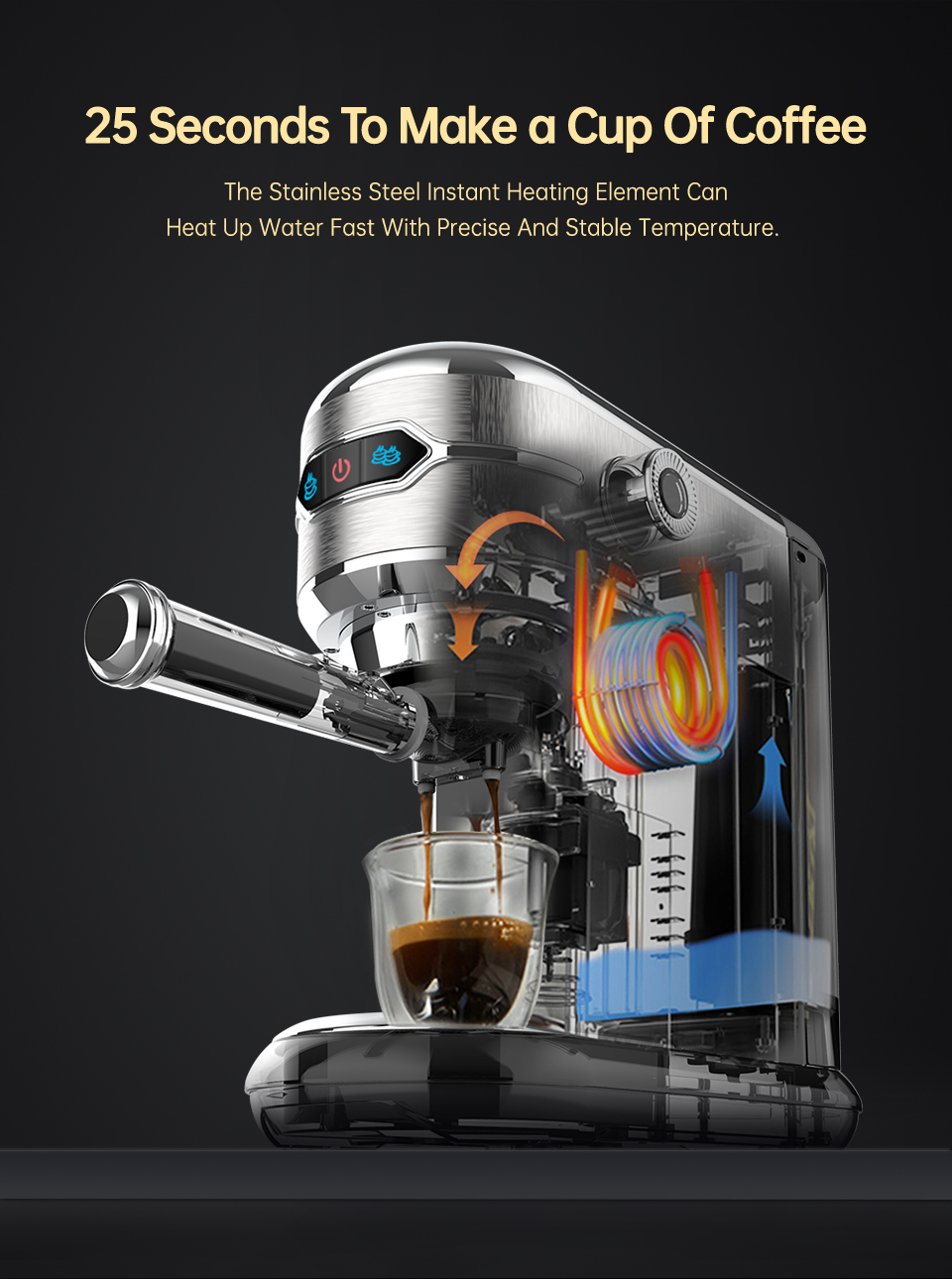 Cafetera espresso transparente que muestra su elemento calefactor y hace café.