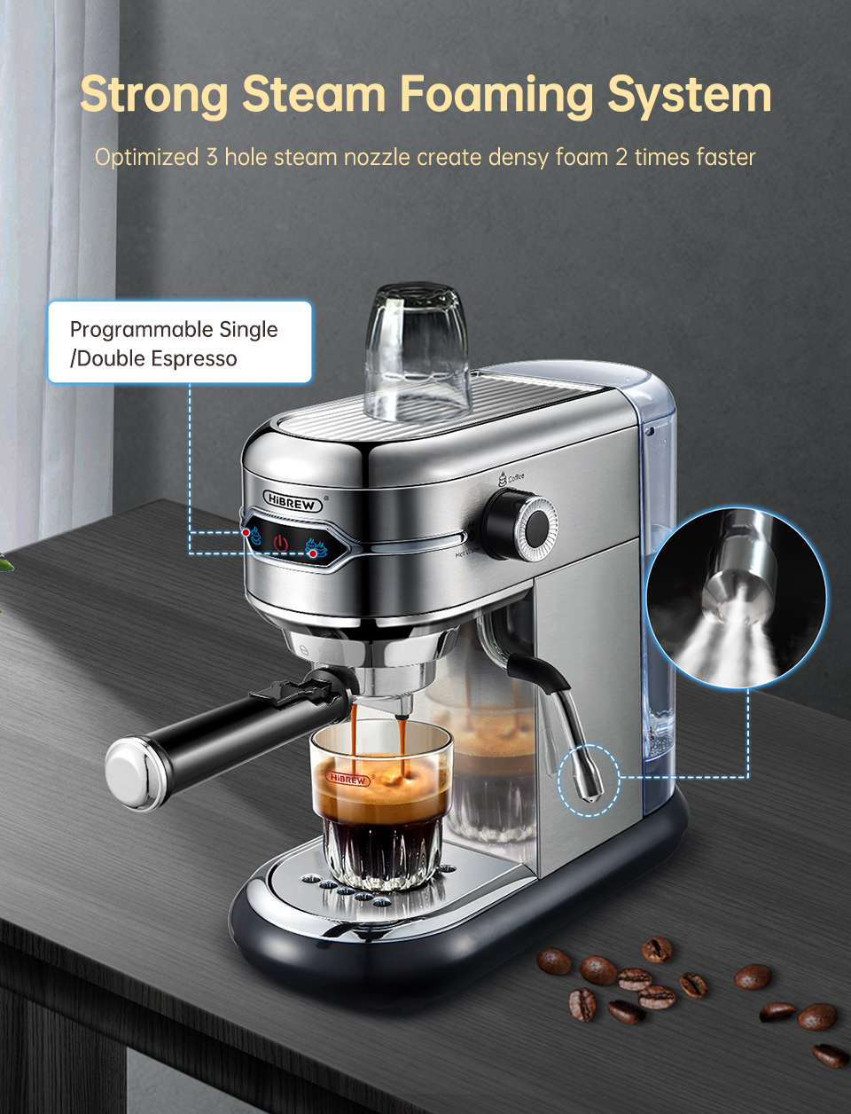 Cafetera exprés de acero inoxidable en una mesa oscura vertiendo café en un vaso, con granos de café.
