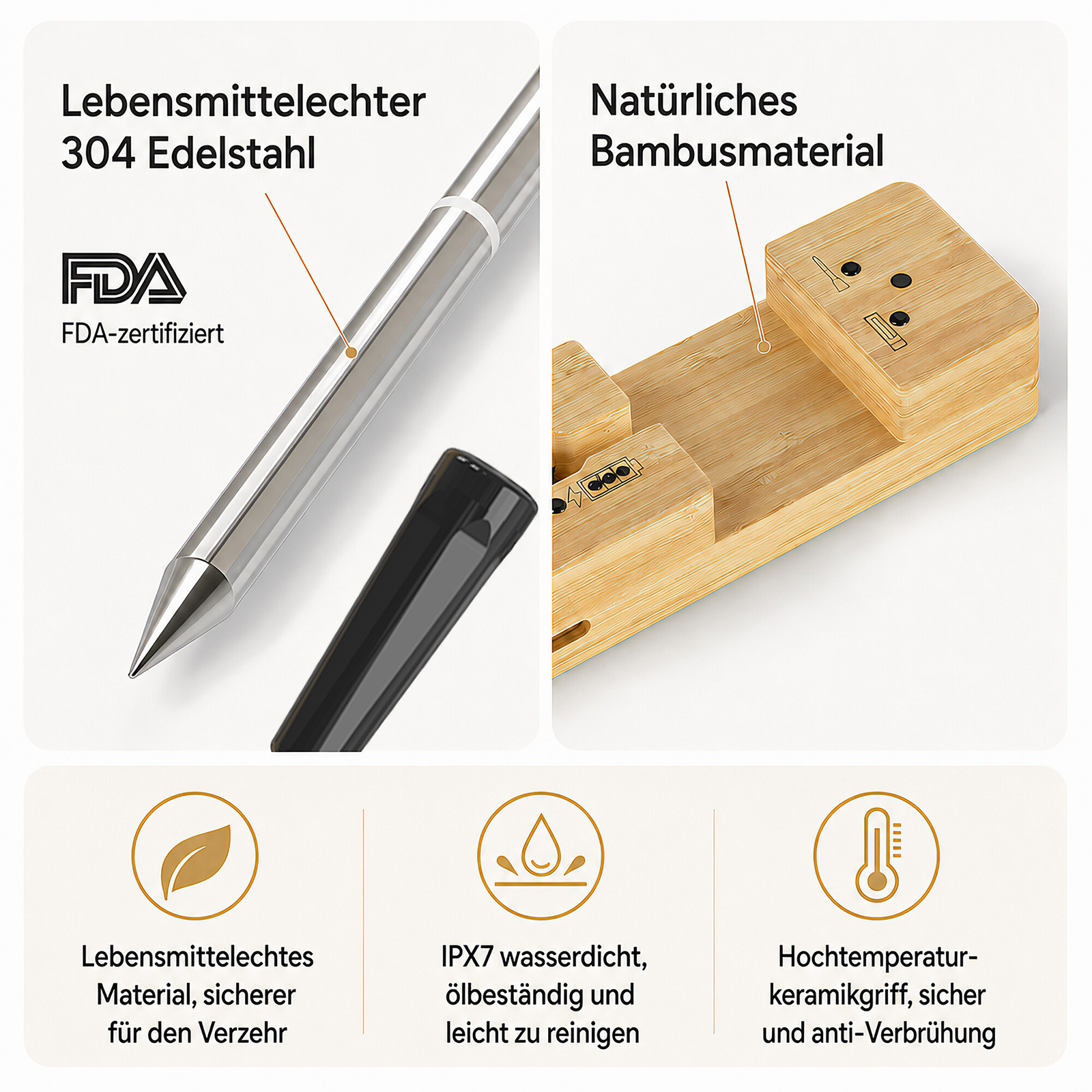 Produktmerkmale: Edelstahl 304, Bambusmaterial, lebensmittelecht, wasserdicht, hitzebeständig.
