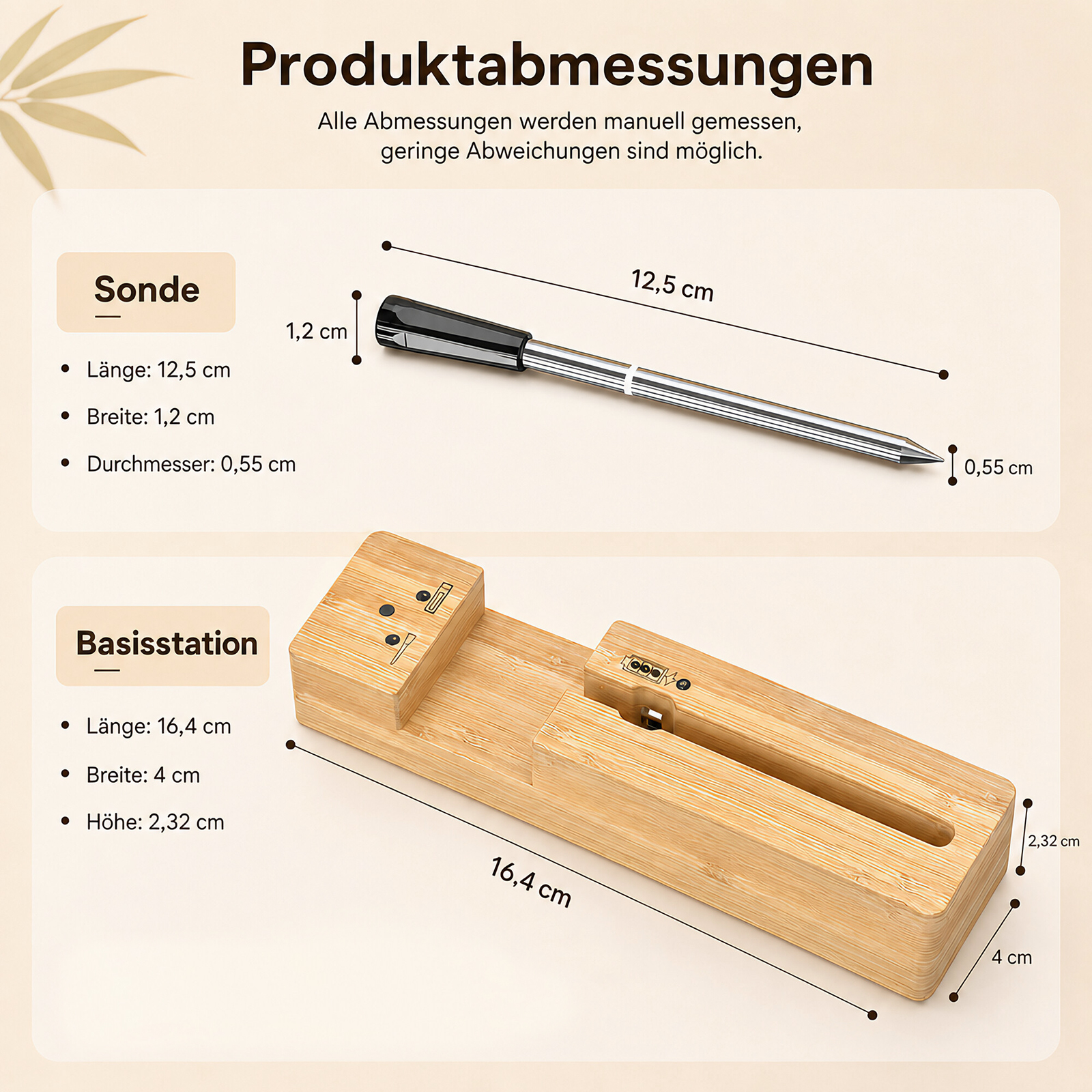 Technische Zeichnung mit Produktabmessungen für eine Metallsonde und eine Holz-Basisstation.