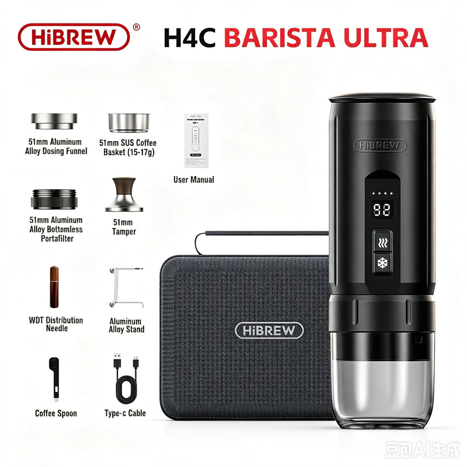 Cafetera HiBrew H4C Barista Ultra mostrada con accesorios, estuche y manual.