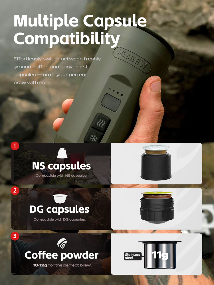 Cafetera verde que muestra compatibilidad con cápsulas y café molido.