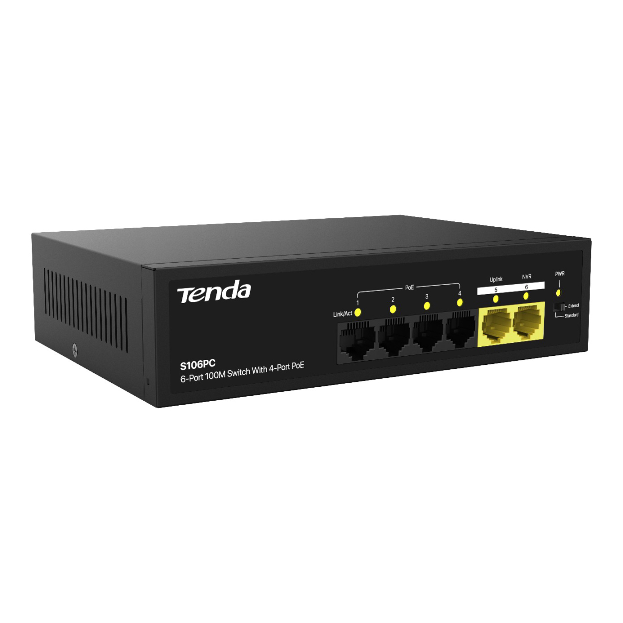 Beyaz arka planda dört PoE bağlantı noktasına ve iki sarı uplink bağlantı noktasına sahip siyah bir Tenda switch.