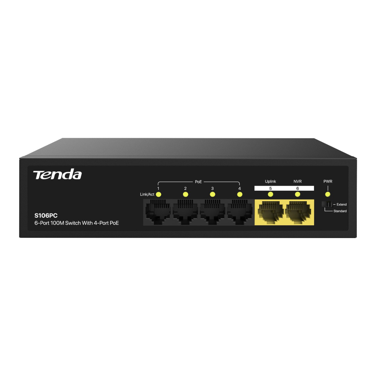 Tenda S106PC 6 portlu 100M switch, 4 PoE portu, LED'ler ve mod anahtarı.