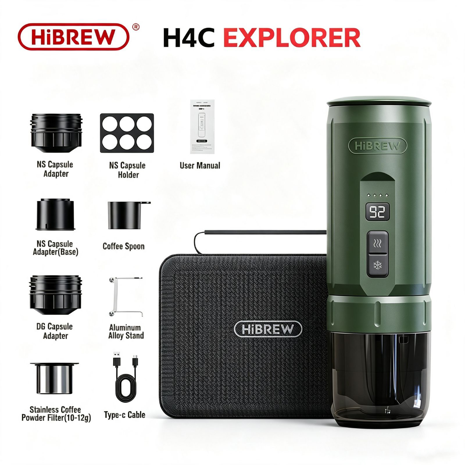 Cafetera verde HiBrew H4C Explorer con accesorios y estuche de transporte.