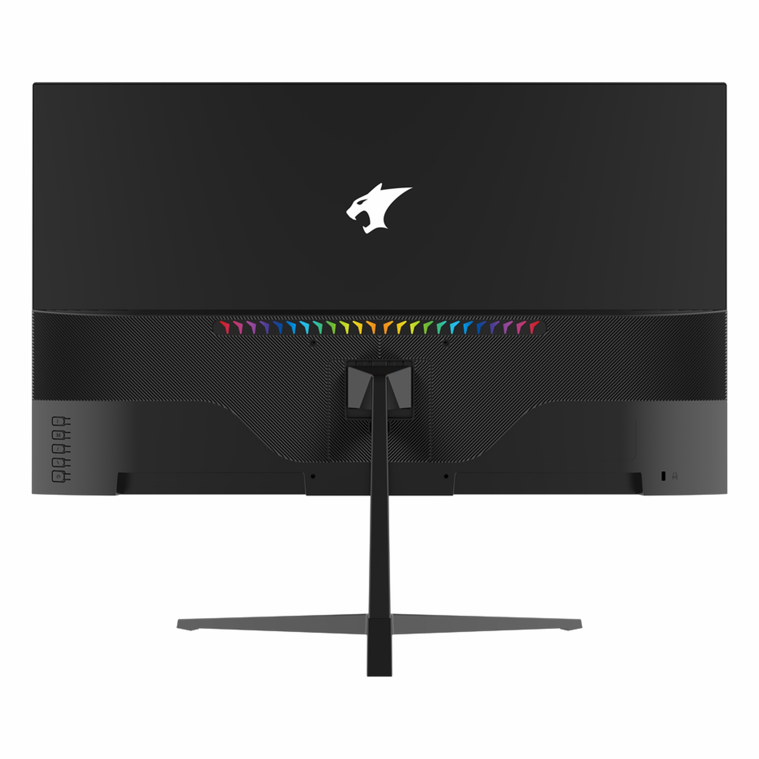 Beyaz logolu, renkli RGB aydınlatmalı ve şık standlı siyah monitörün arkası, beyaz arka plan üzerinde.