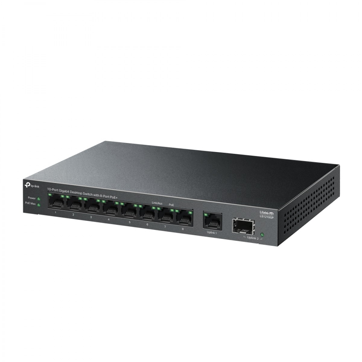 Beyaz zemin üzerinde yeşil durum ışıklarına sahip siyah TP-Link 10 bağlantı noktalı ağ anahtarı.