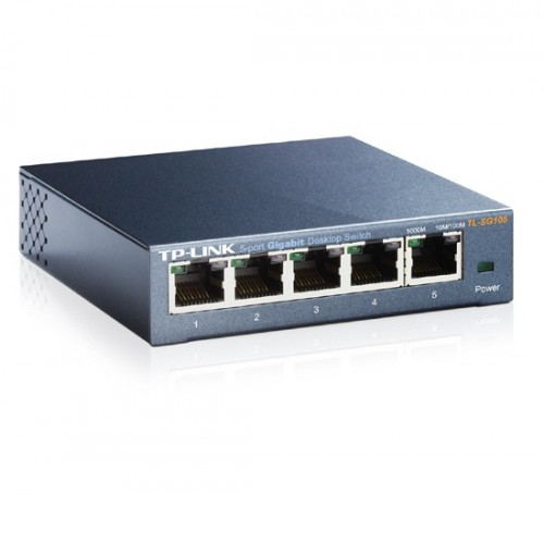 Beş ethernet bağlantı noktası ve bir güç LED'ine sahip gri TP-Link 5 bağlantı noktalı Gigabit masaüstü anahtarı.