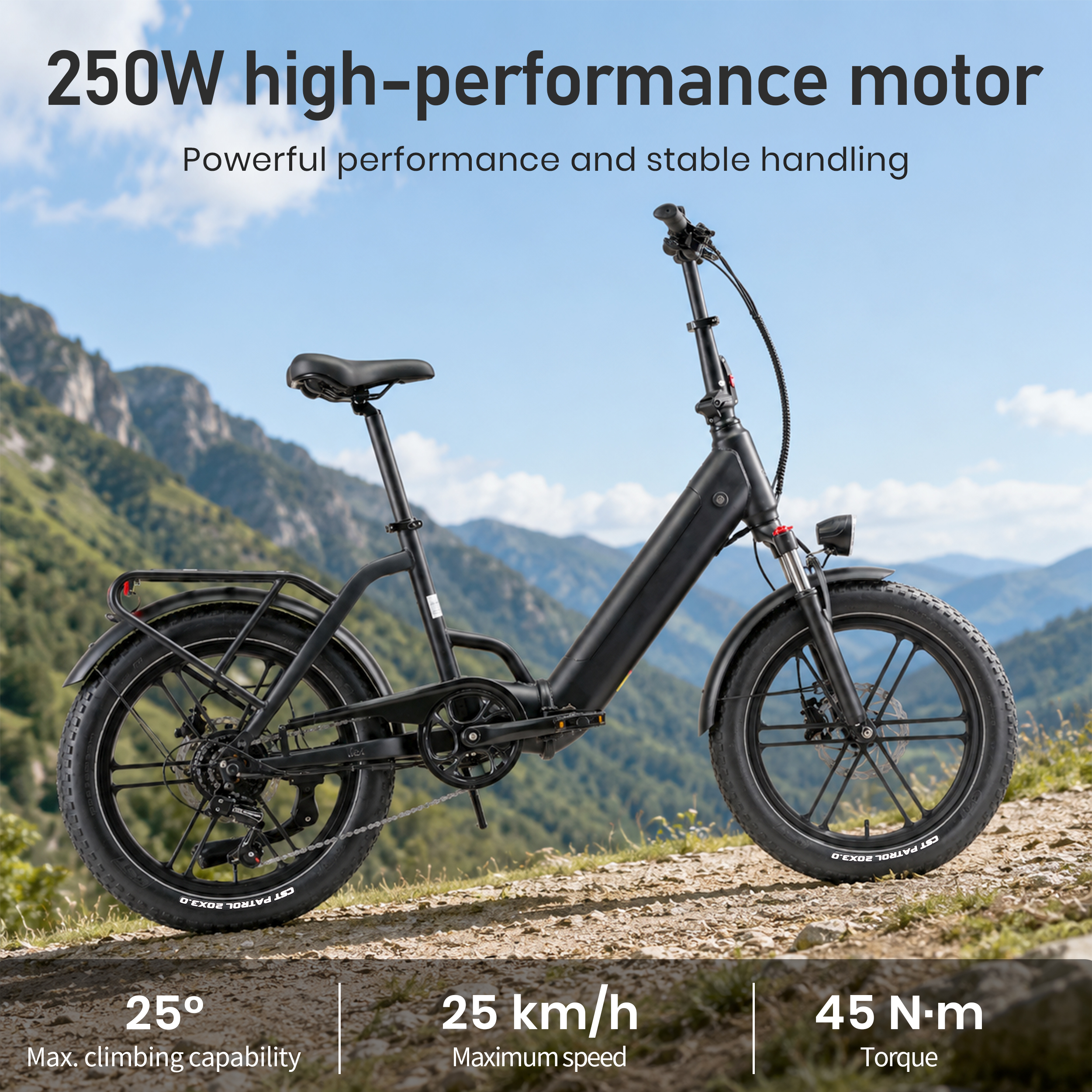 Ein schwarzes E-Faltbike parkt auf einem Schotterweg mit Bergen im Hintergrund, überlagert mit Leistungsdaten.